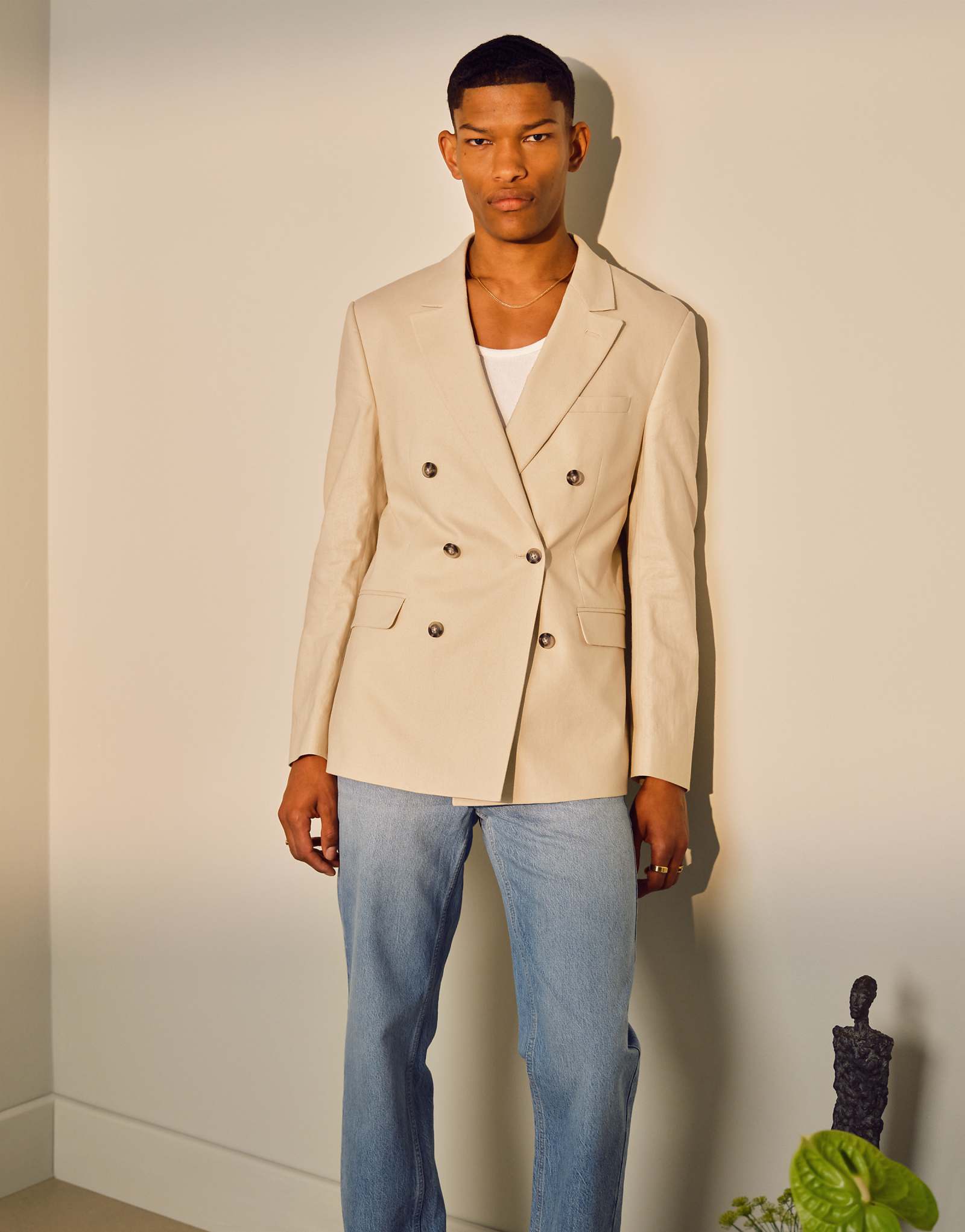 Topman double breasted linen blend blazer in stone 24390₽