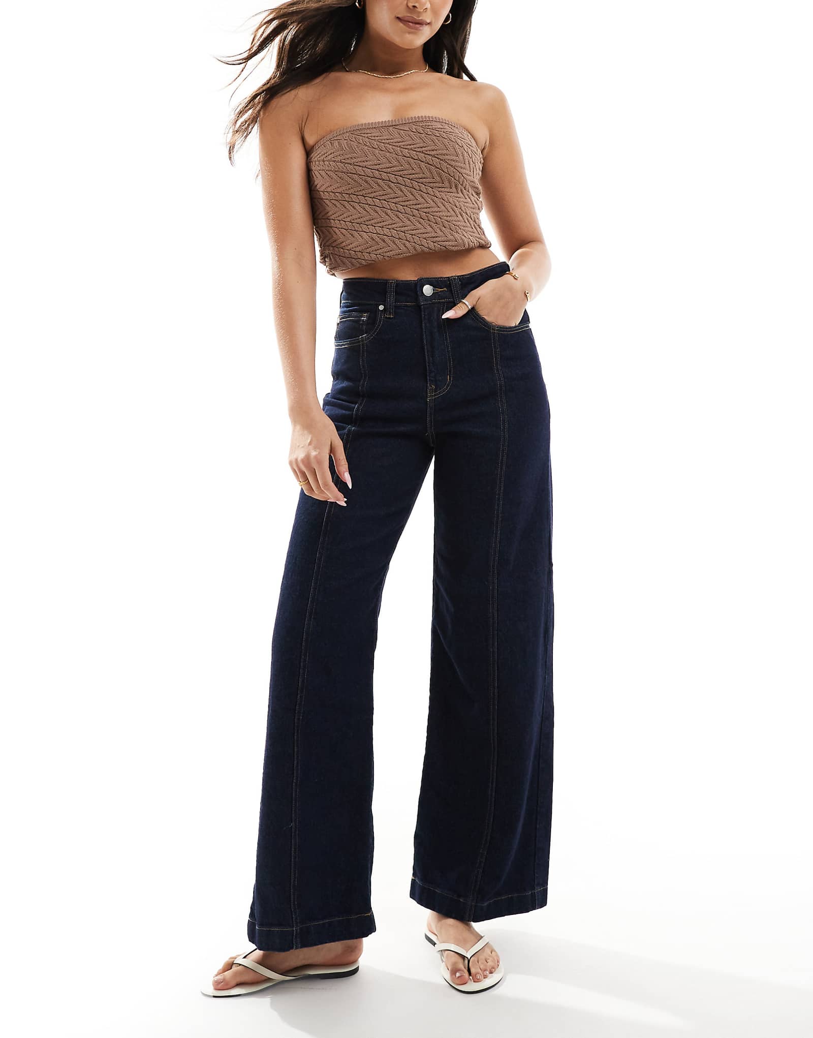 ONLY Hope high waist wide leg jeans with front seam detail in dark blue 16490₽