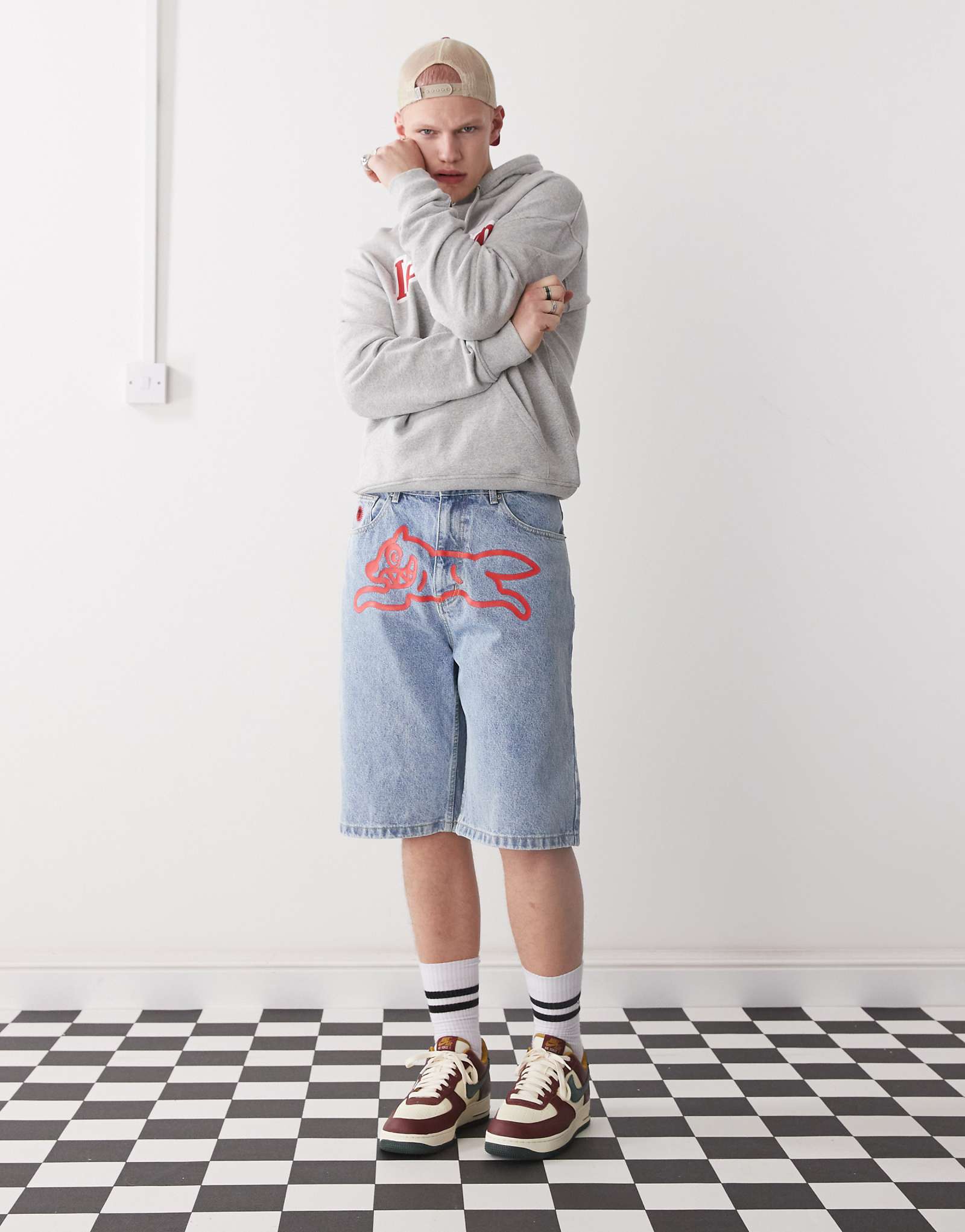 ICECREAM running dog denim shorts in light wash blue