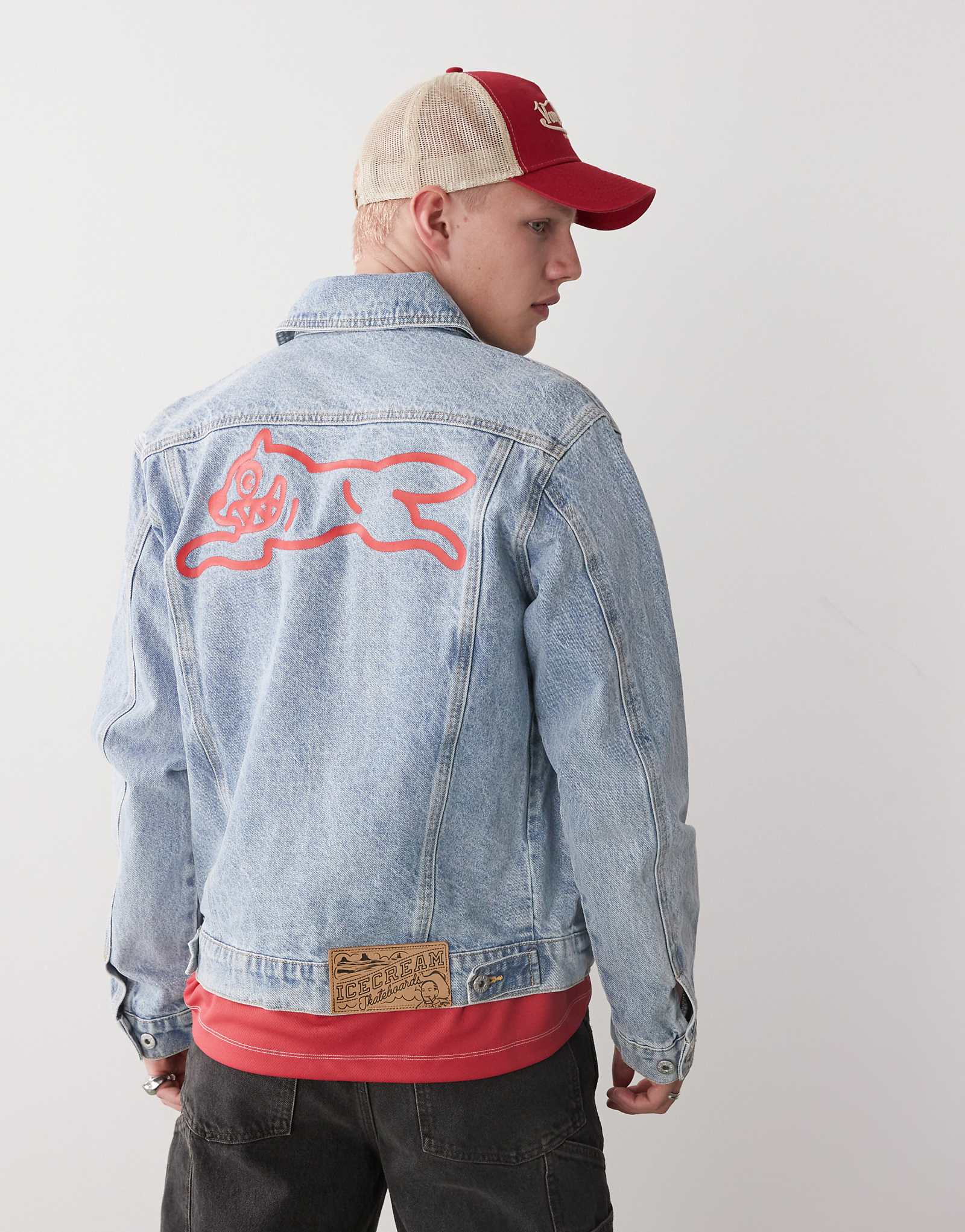ICECREAM running dog backprint denim trucker jacket in light wash blue