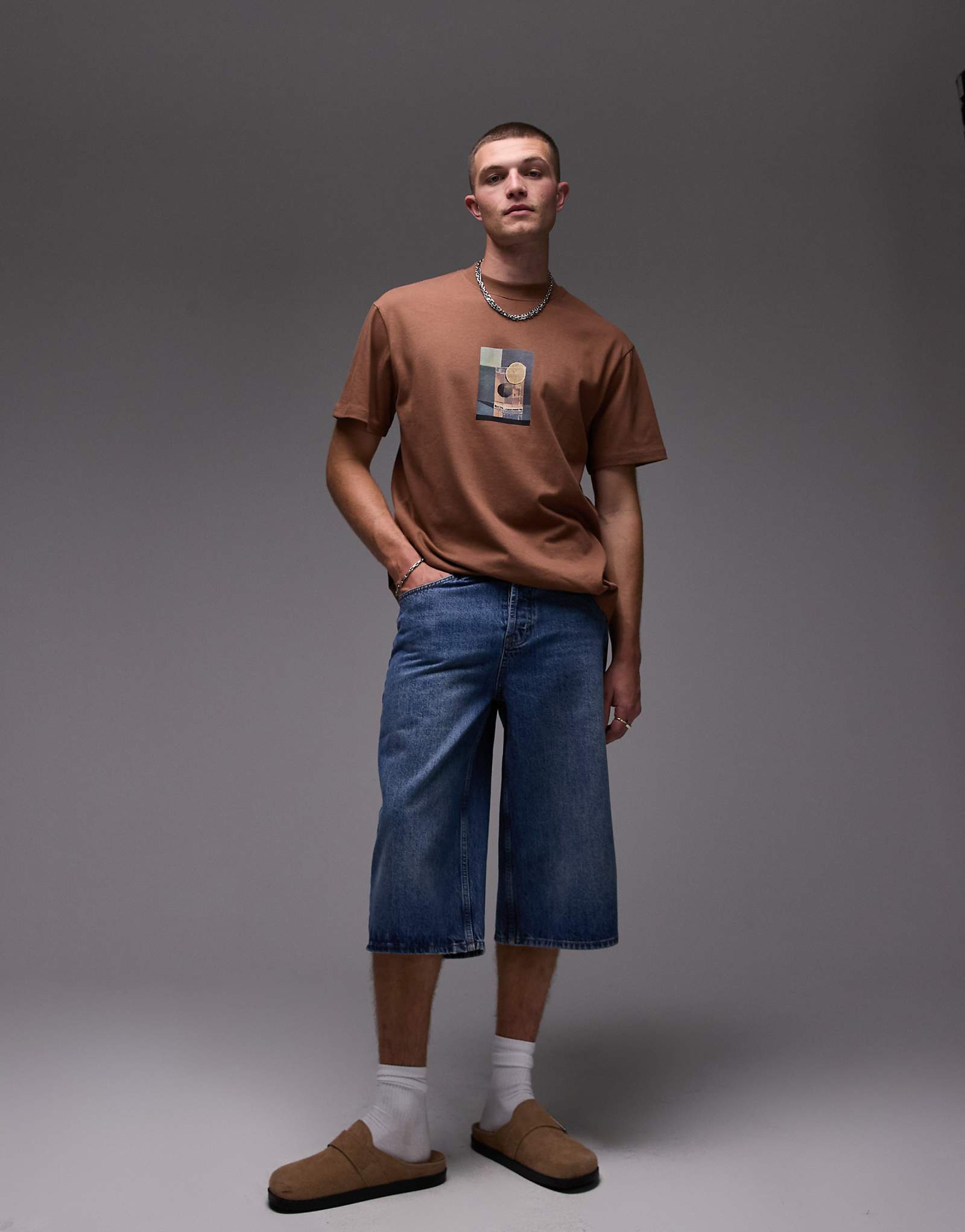 Topman denim mid length jorts in mid wash blue 7990₽