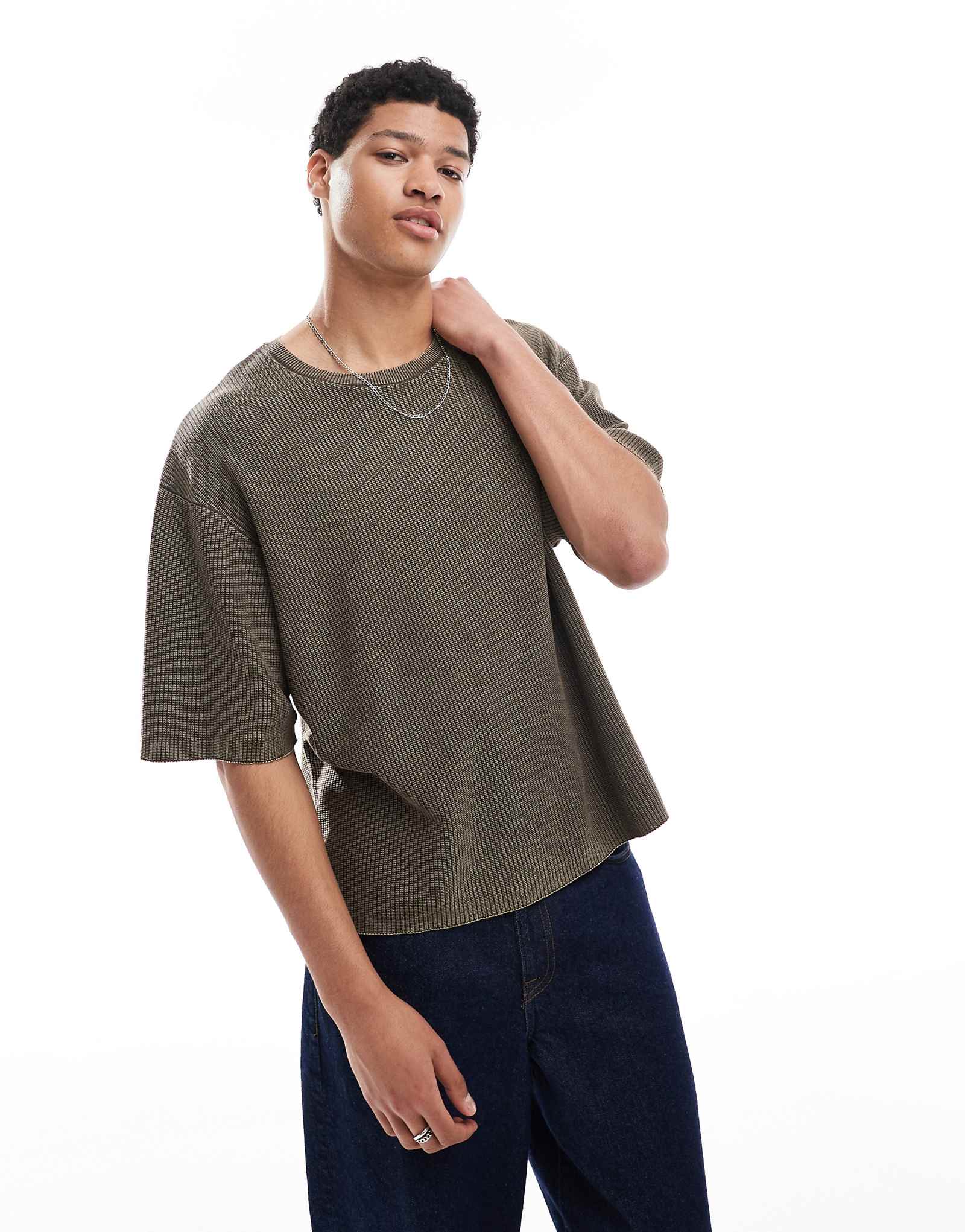 Pull-Bear knit washed t-shirt in khaki green