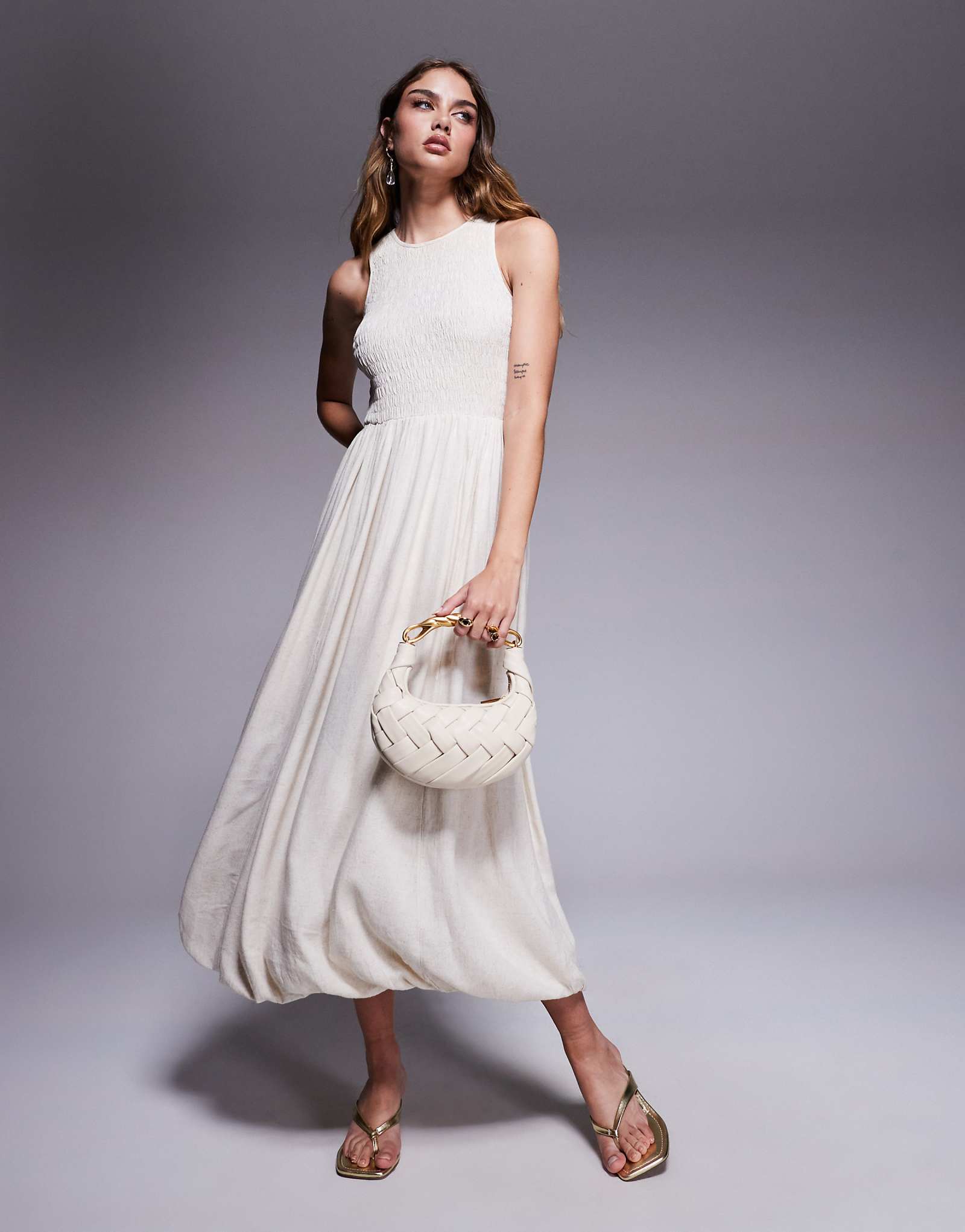 River Island bubble hem linen mix midi dress in cream 13790₽