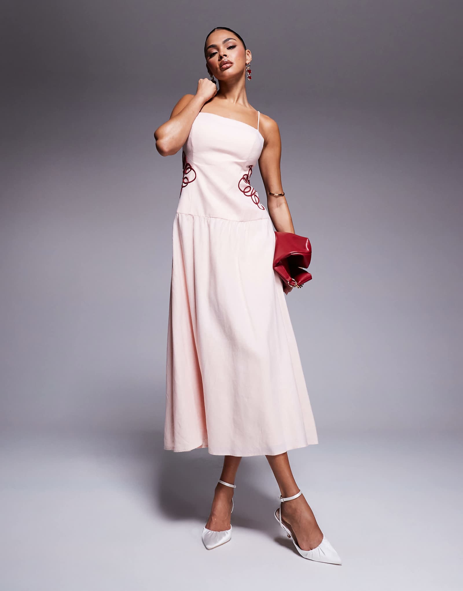 Ever New dropped hem embroidered waist maxi dress in powder pink