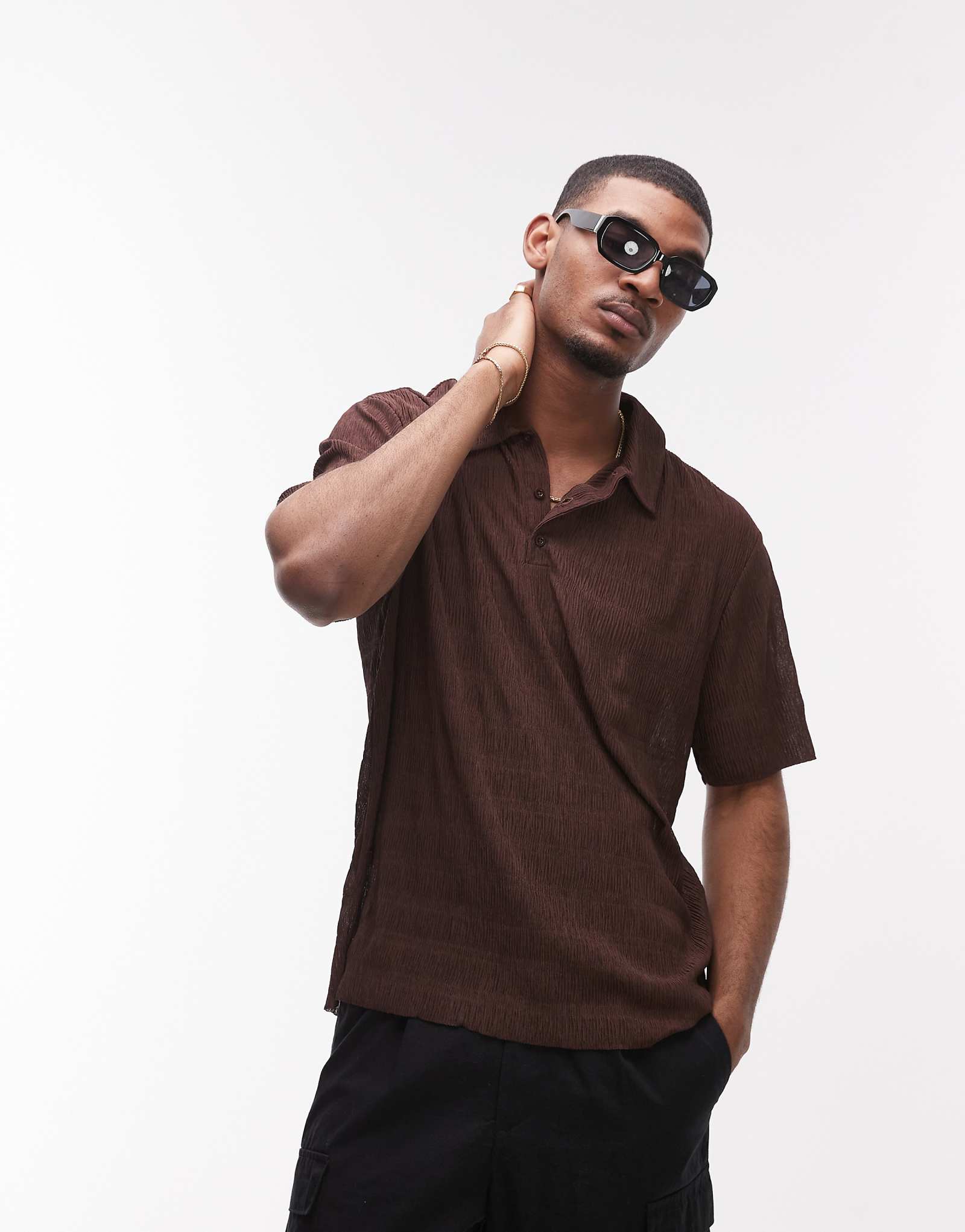 Topman relaxed fit plisse polo in brown 9790₽