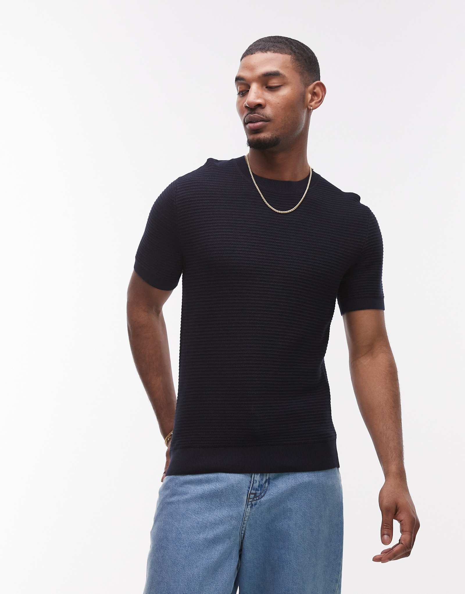 Mango ribbed knit T-shirt in navy 5690₽