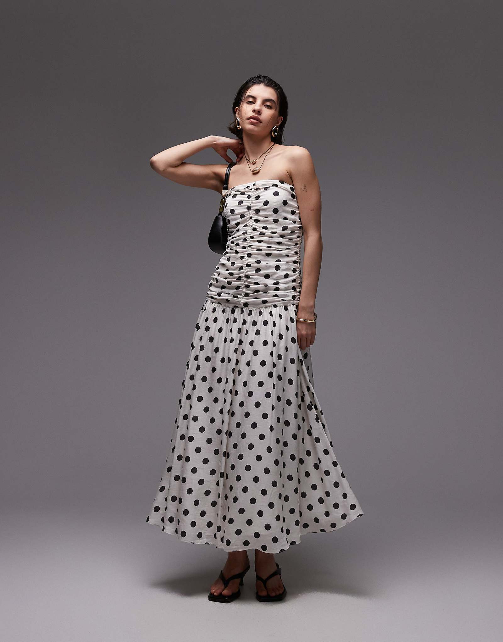 Mango bandeau maxi dress with dropped waist and ruched bodice in mono polka dot print 40790₽