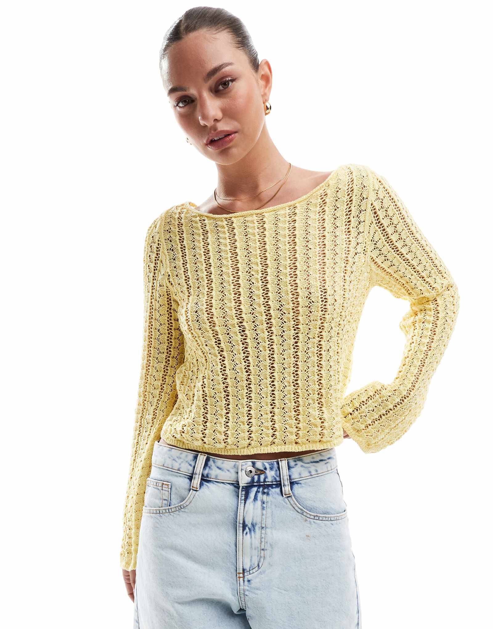Pieces self stripe crochet knit cropped top in banana yellow 7690₽