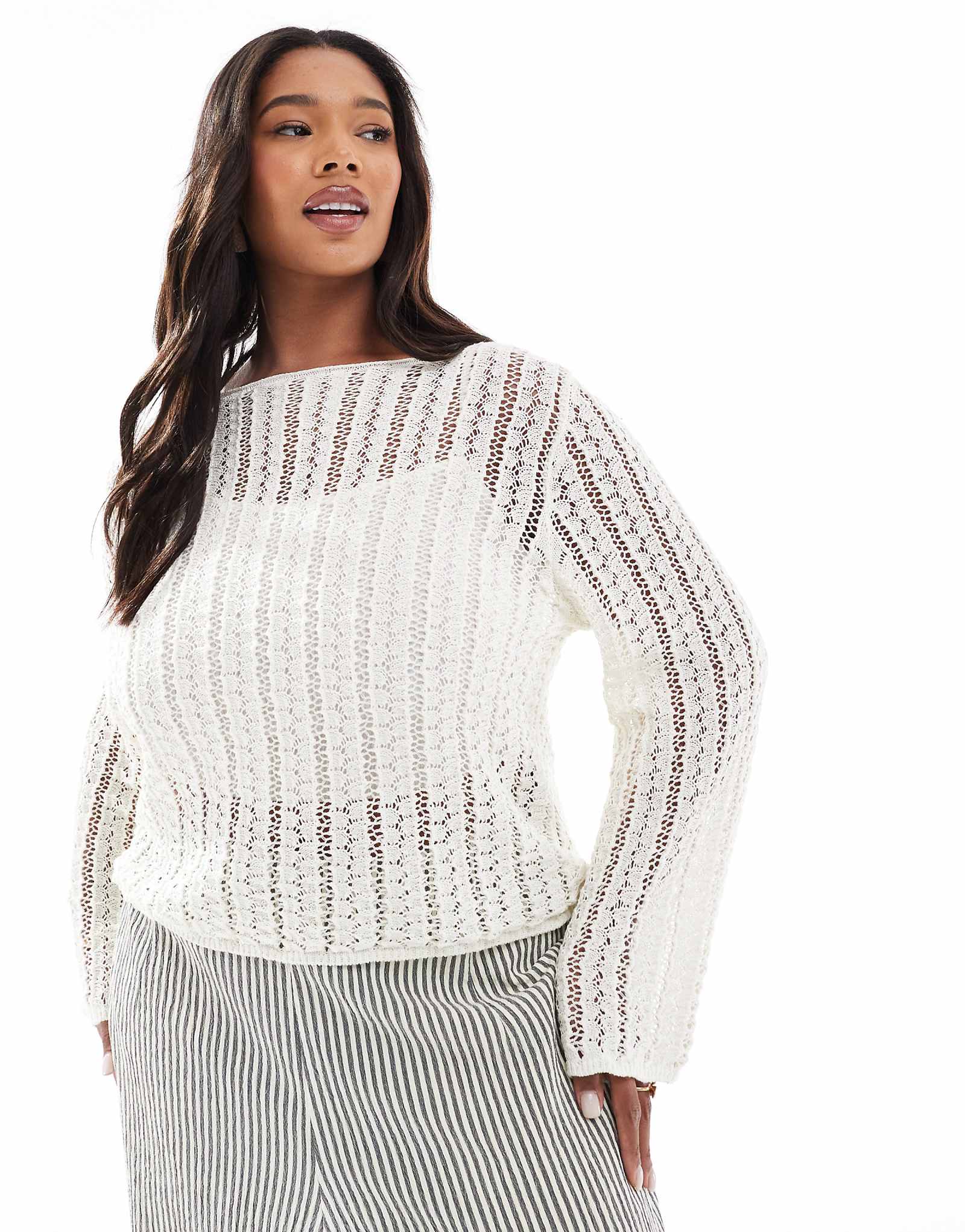 Pieces Curve self stripe crochet knit crop top in cloud white