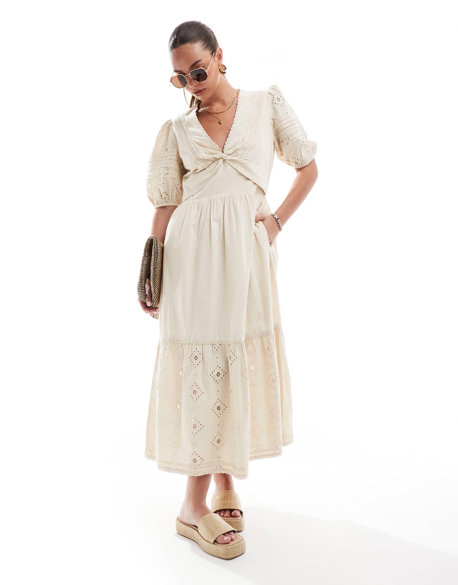 French Connection Cambria cotton broderie midi dress in beige