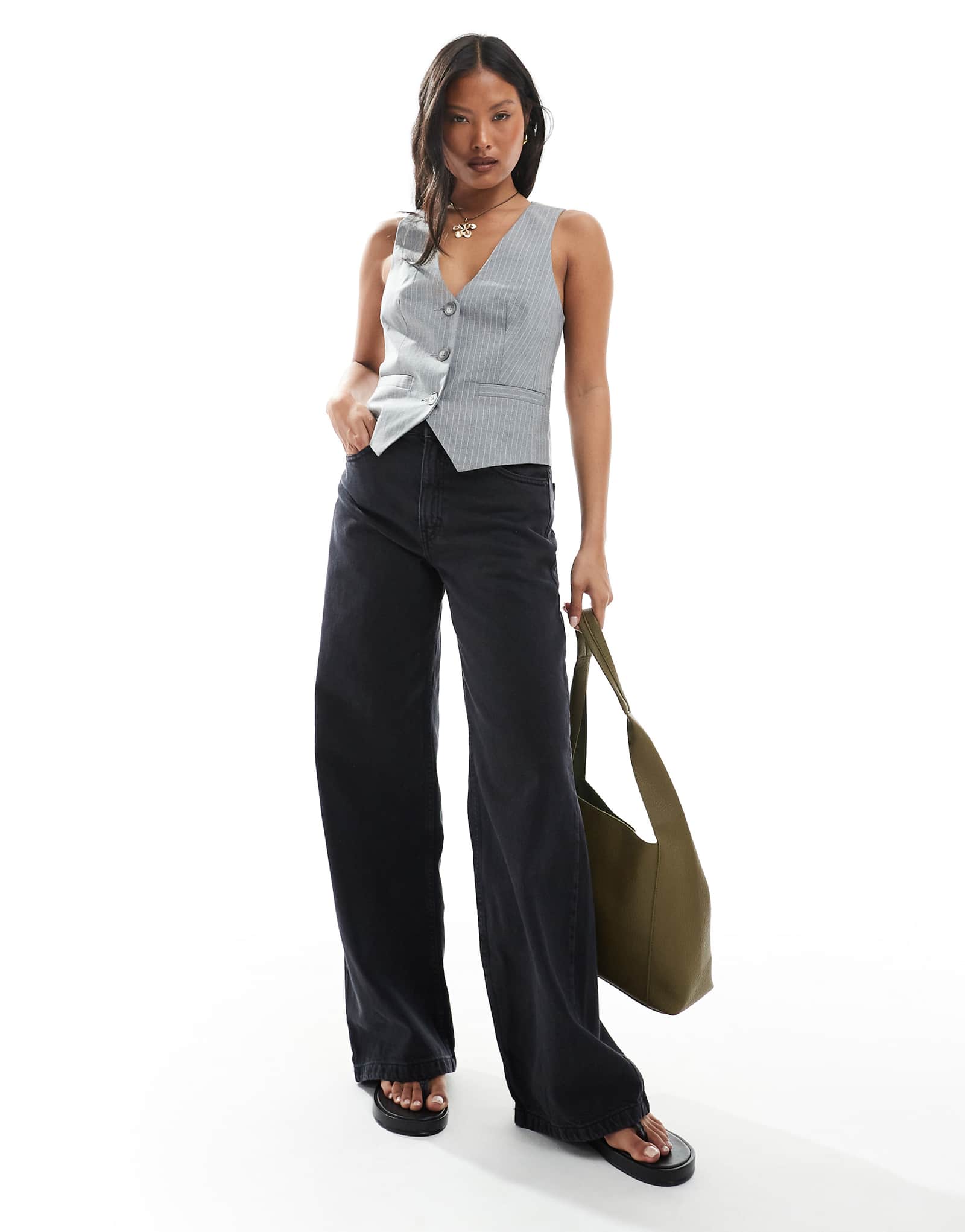 Pull-Bear Petite high rise wide leg jeans in black