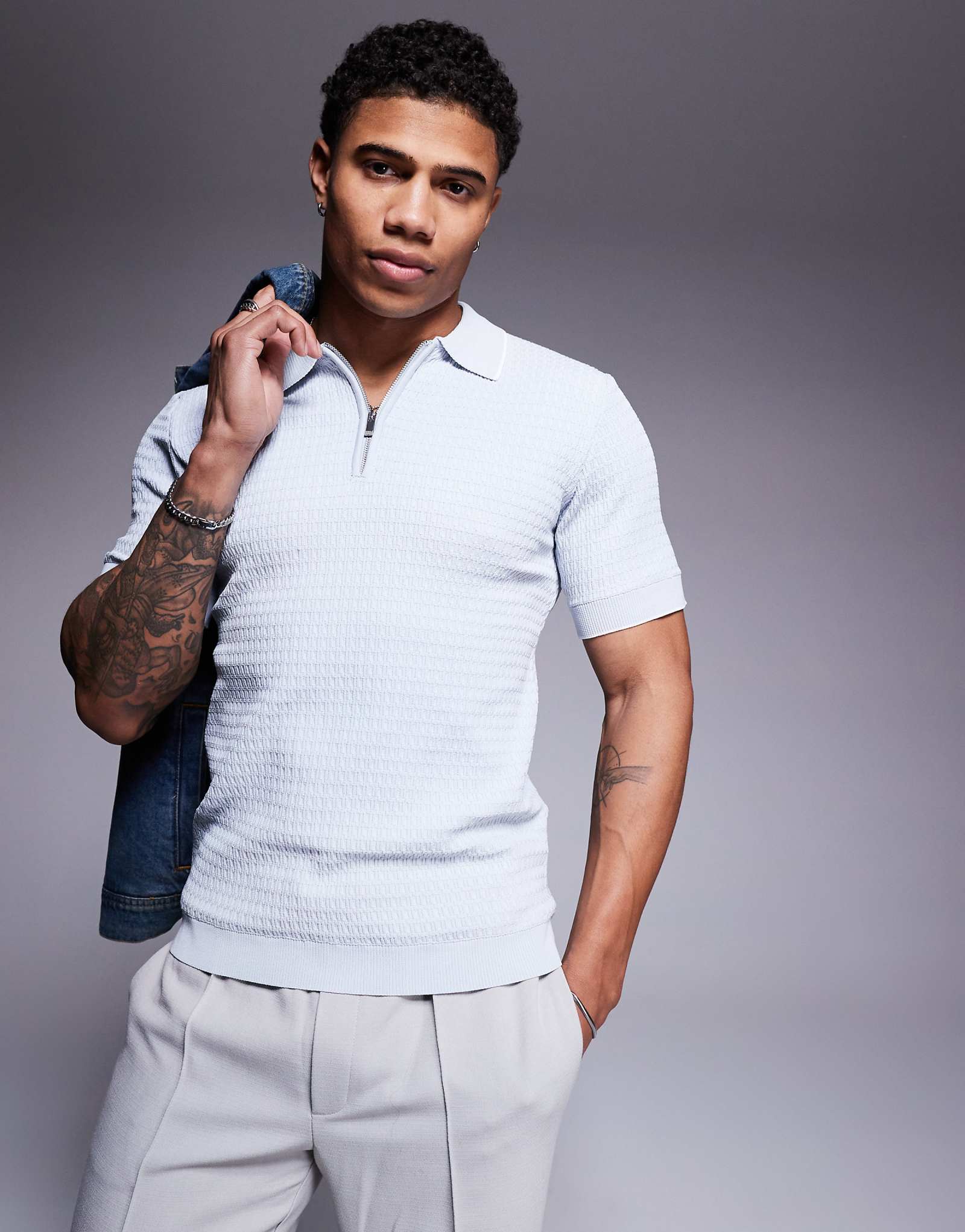 River Island knit muscle fit polo in light blue 7890₽