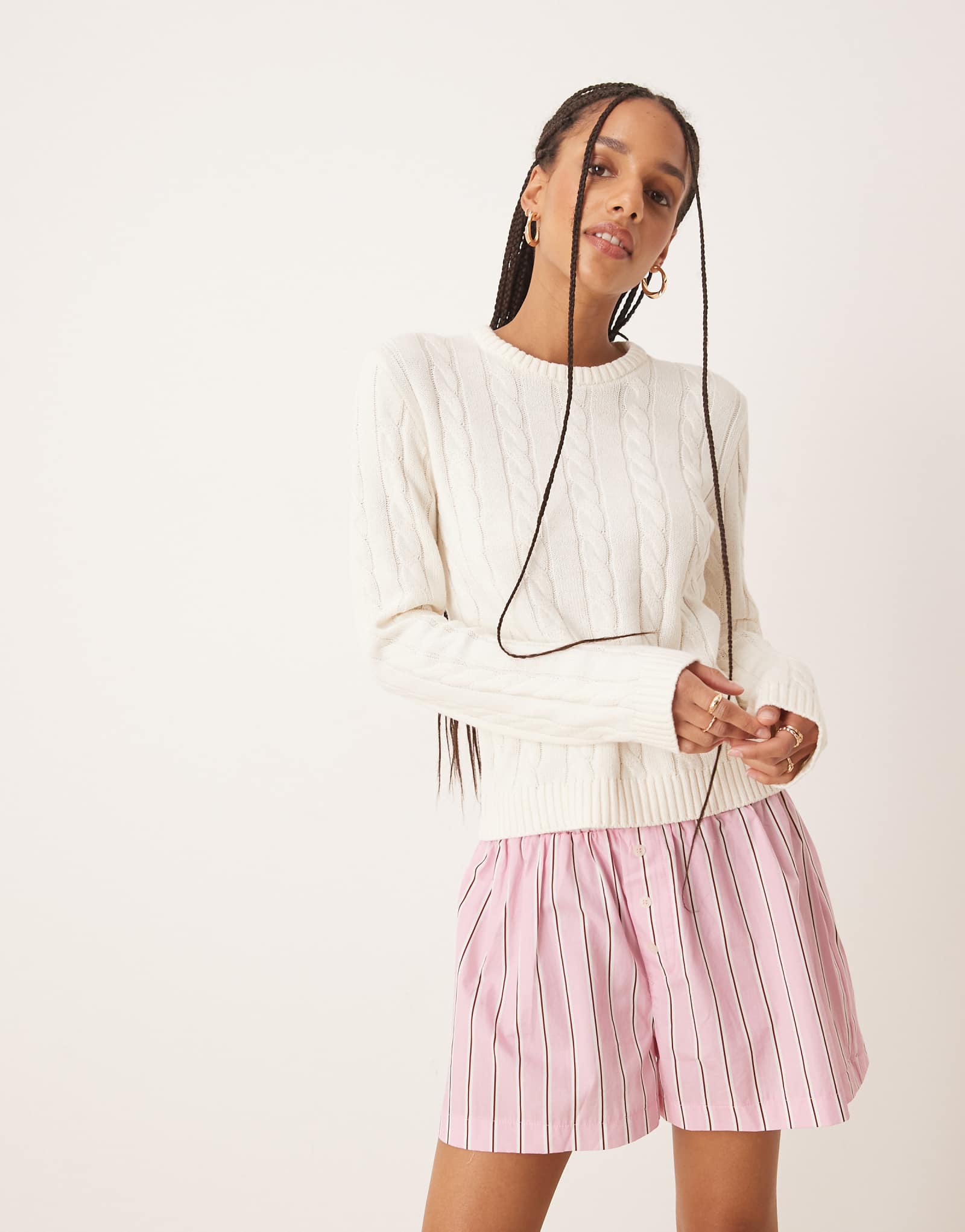 Gina Tricot cotton blend knit sweater with crew neck in cream