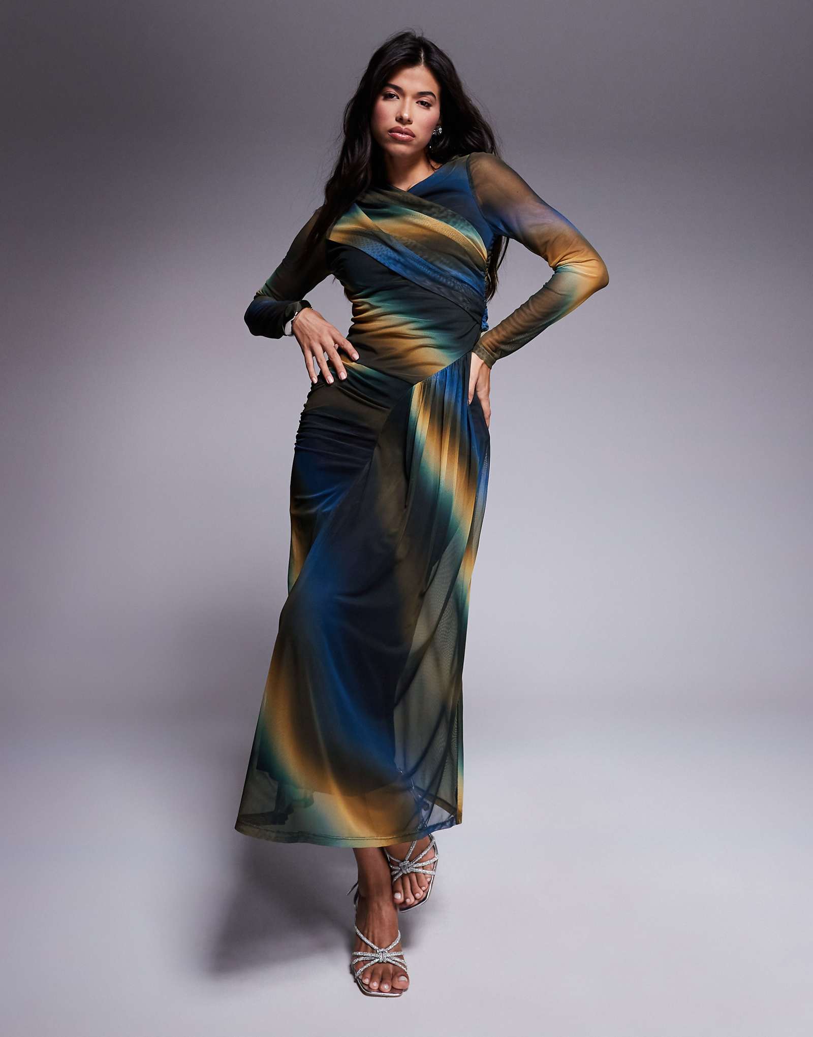 Daska mesh draped maxi dress in abstract print