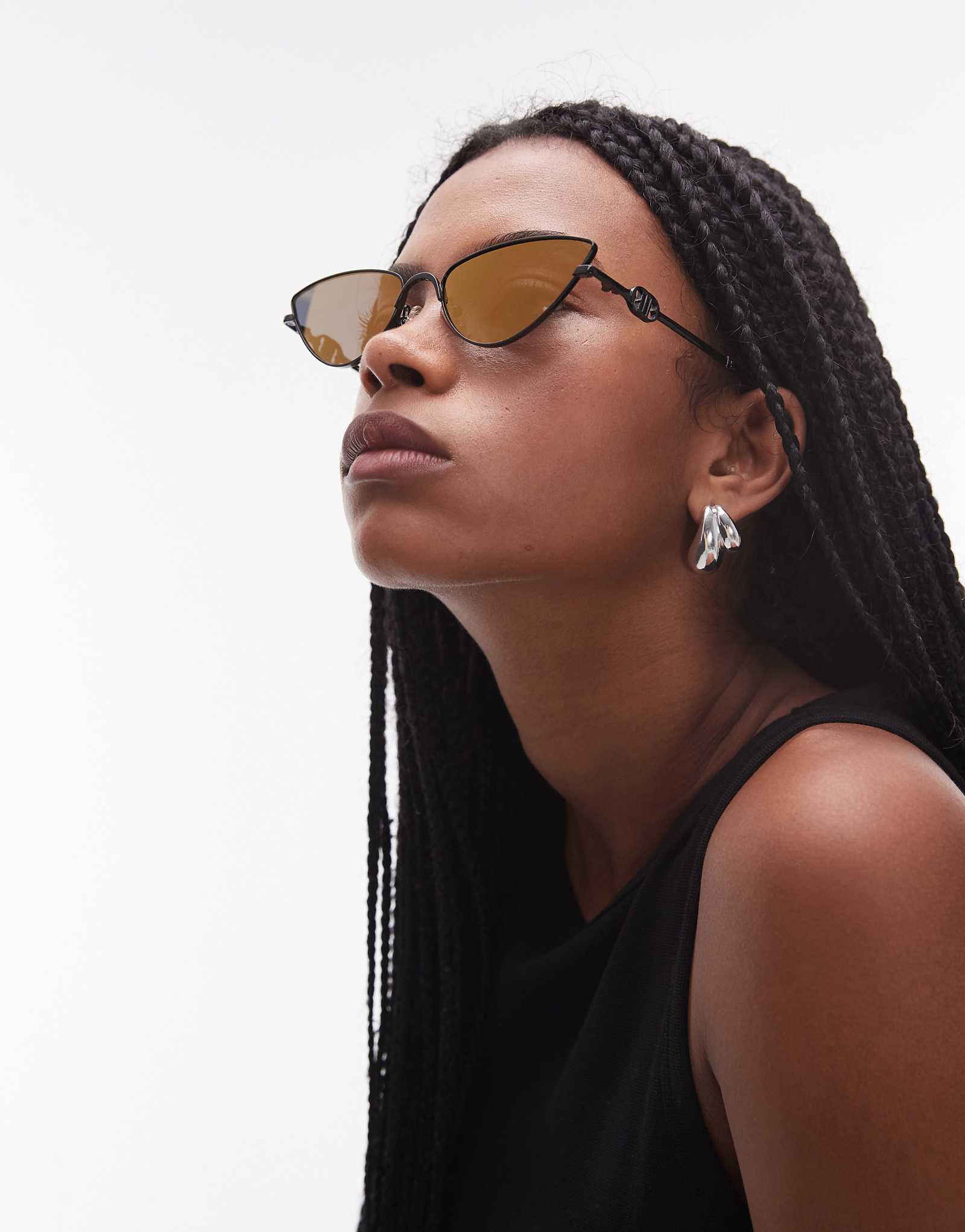 Le Specs The Soiree slim metal cat-eye sunglasses in black with brown lens