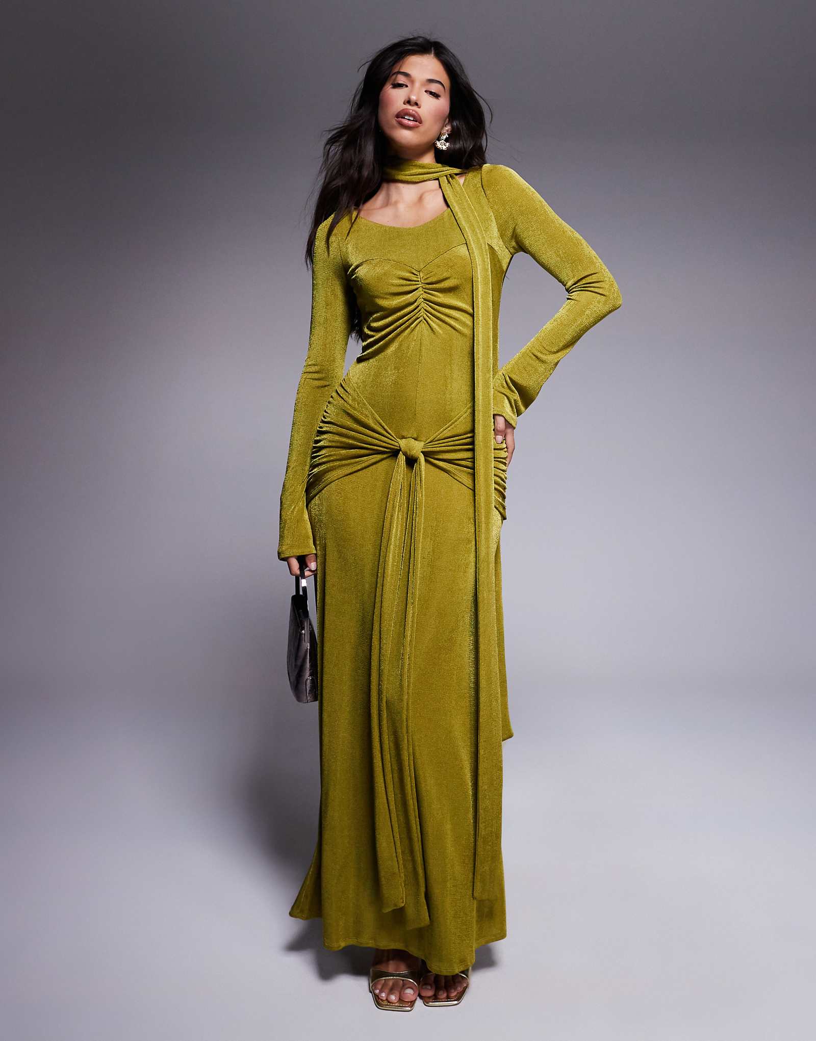 Daska ruched maxi dress with waist and neck tie detail in lime green 12390₽