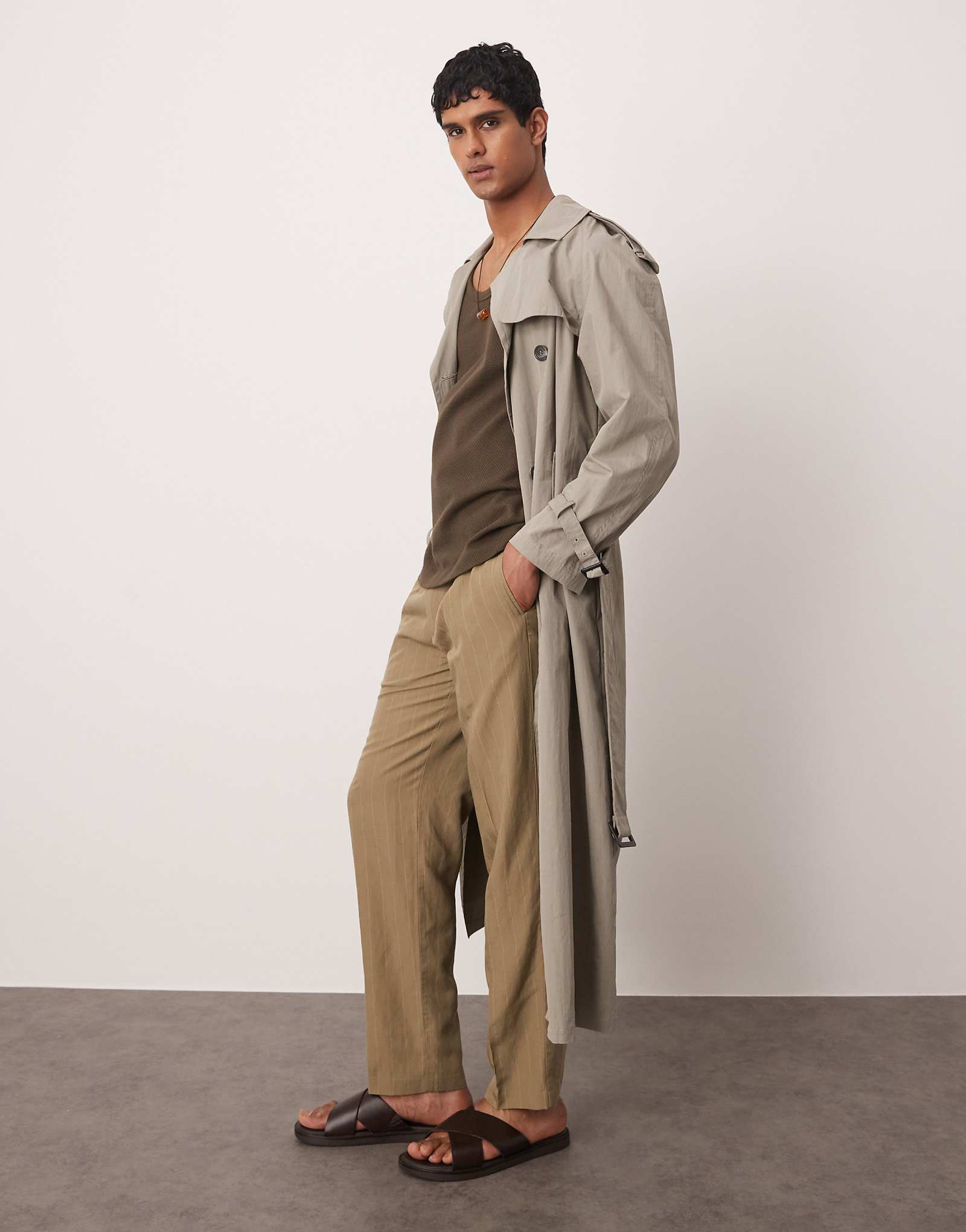 Mango linen mix thin pinstripe pants in brown 18290₽
