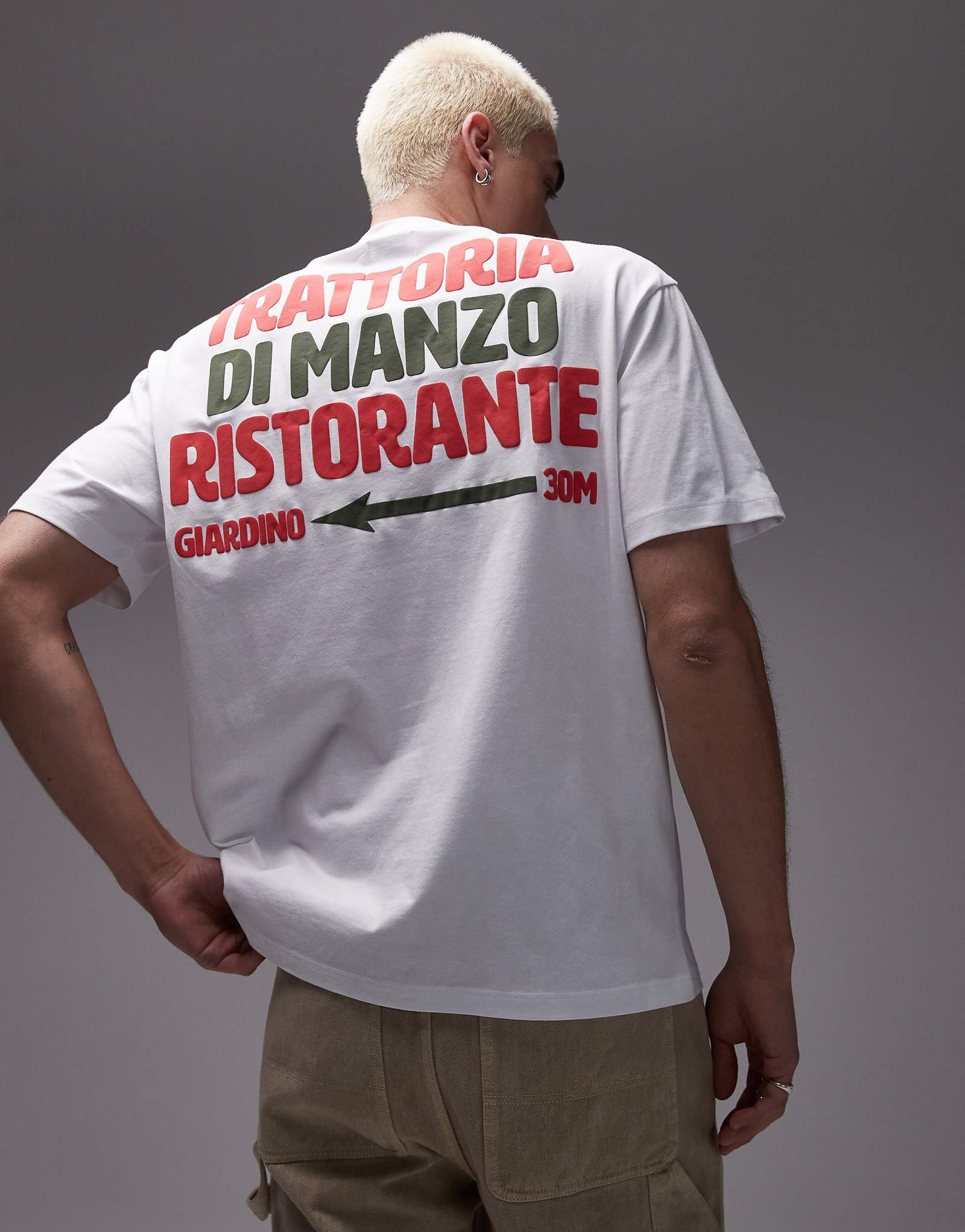 Topman t-shirt with front and back Trattoria Di Manzo raised print in white 6090₽