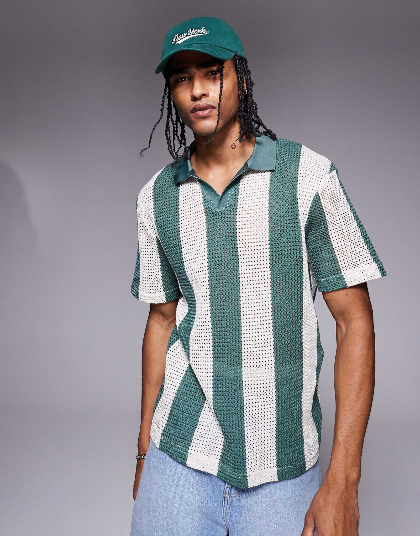 River Island crochet polo shirt in green stripe 5290₽