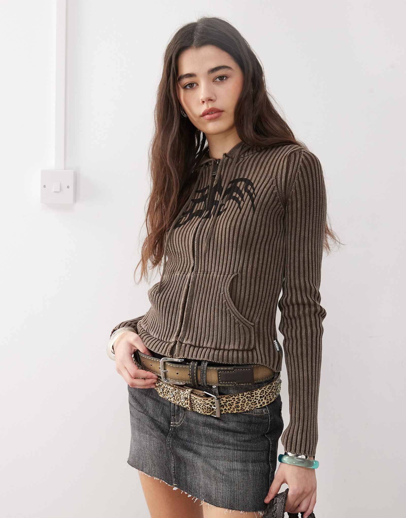 Minga London washed print rib knit zip up hooded cardigan in black