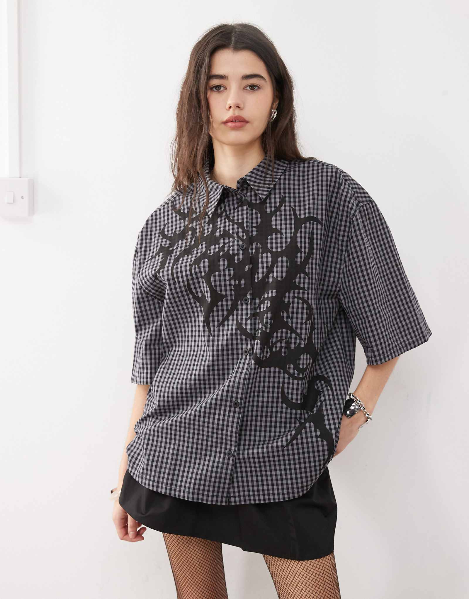 Minga London graphic print shirt in gray and black plaid