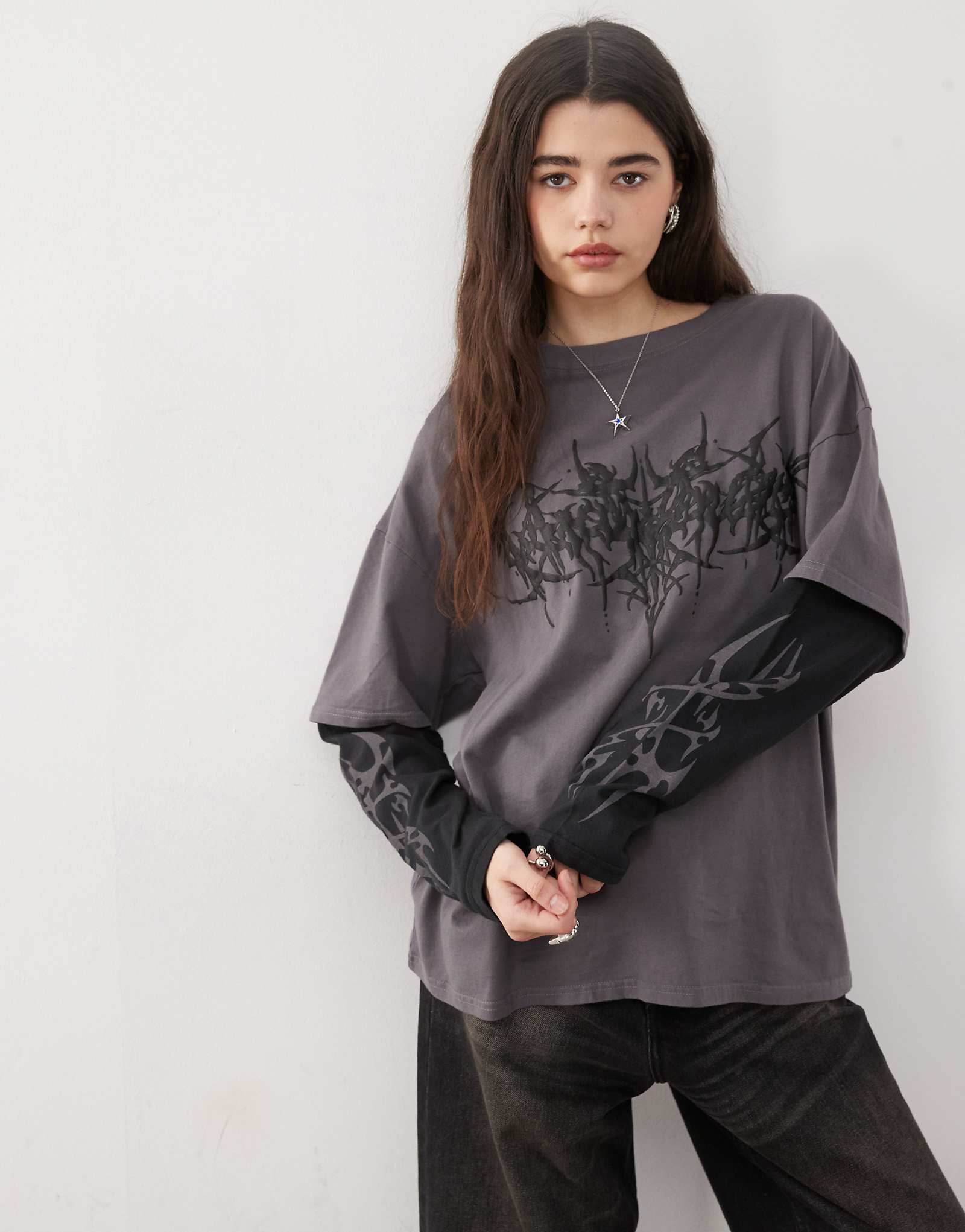 Minga London graphic print double layer t-shirt in gray