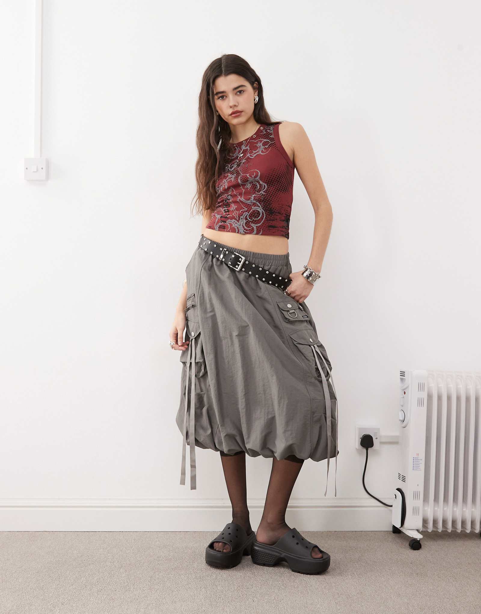 Minga London nylon bubble midi skirt in gray