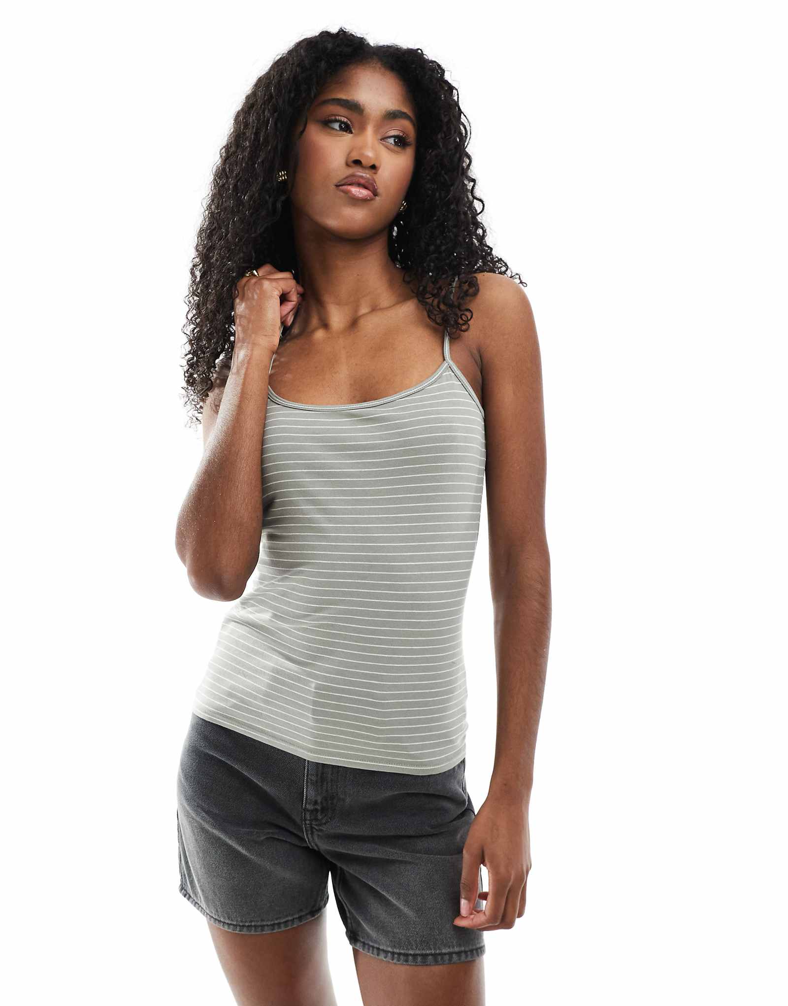 Monki shrunken strappy tank top in khaki and white stripe 2890₽