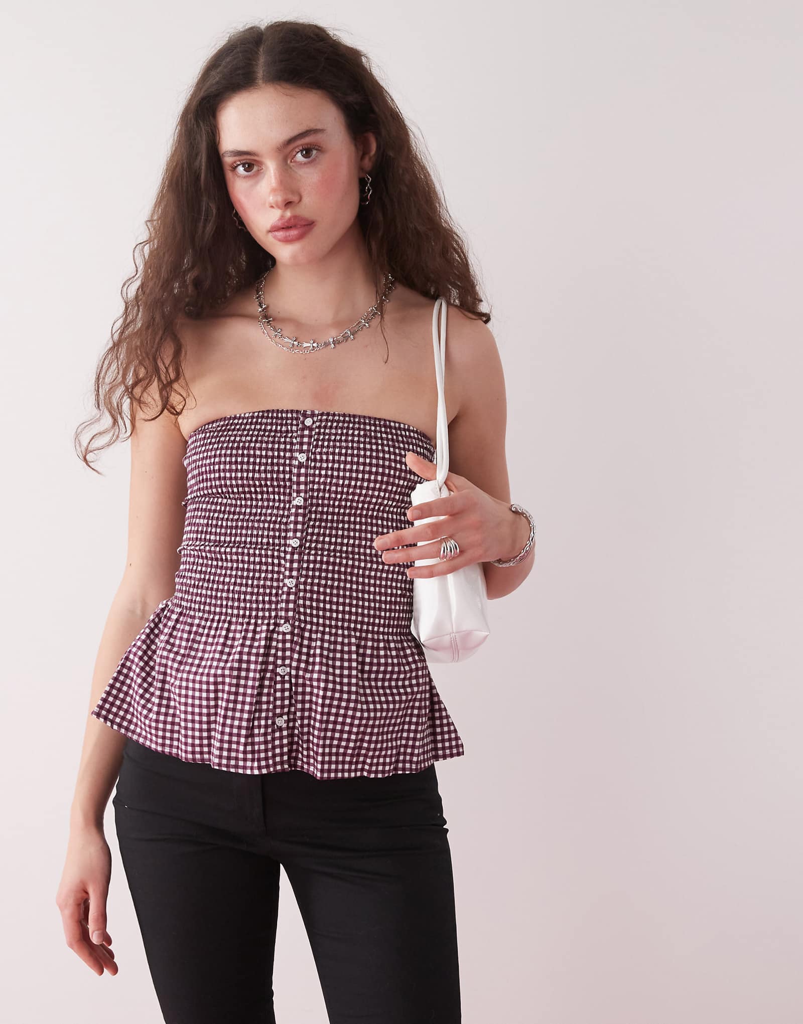 Motel soter button up gingham bandeau top in wine 10590₽