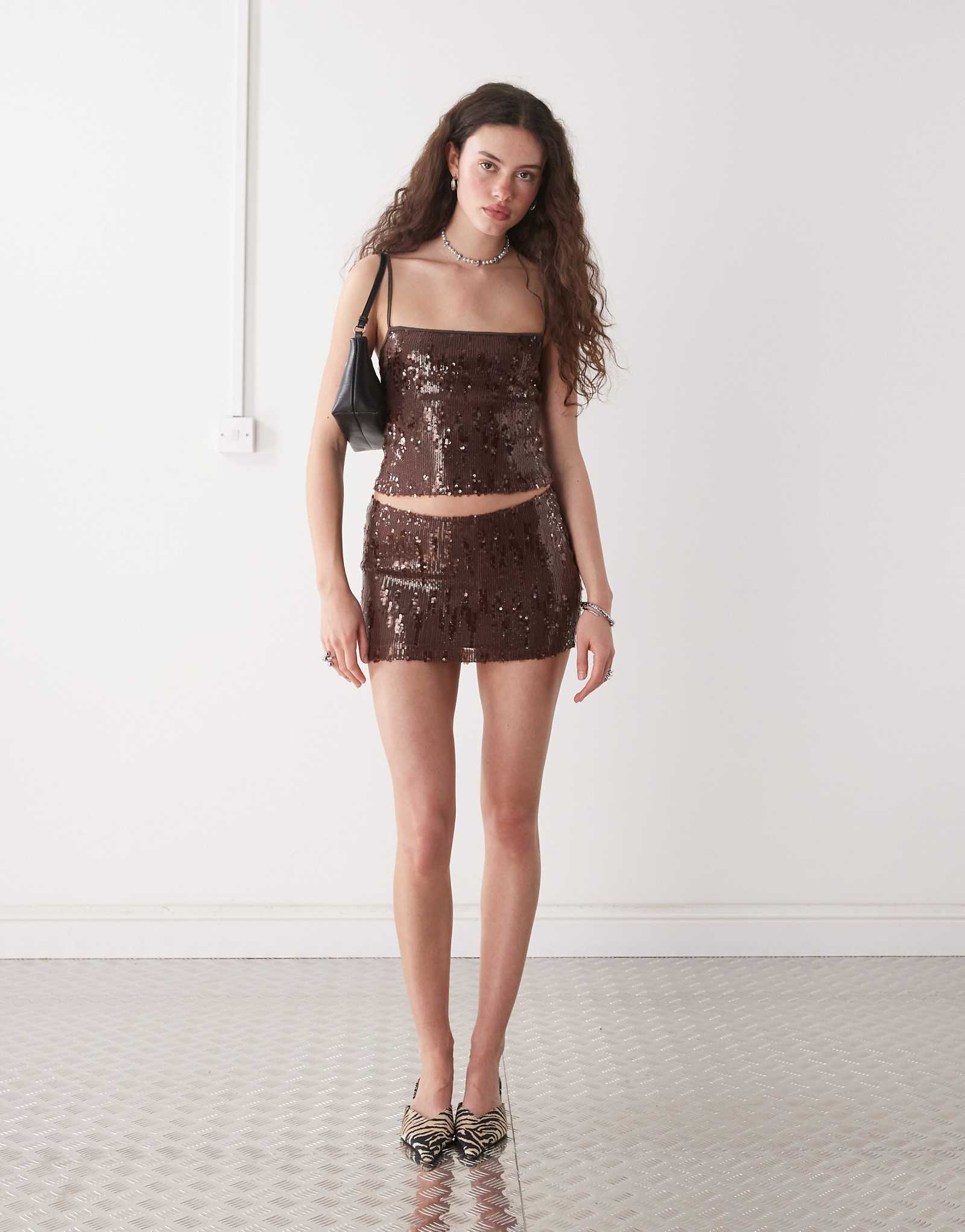 Motel govinda sequin mini skirt in brown
