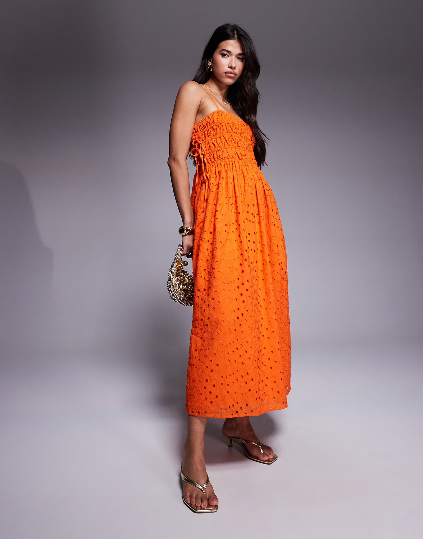 River Island eyelet baby doll maxi dress in orange 14290₽