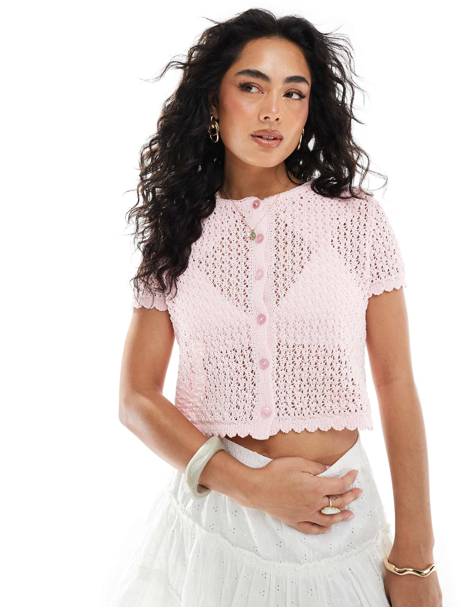 Miss Selfridge knit pointelle short sleeve cardigan in pink 6890₽