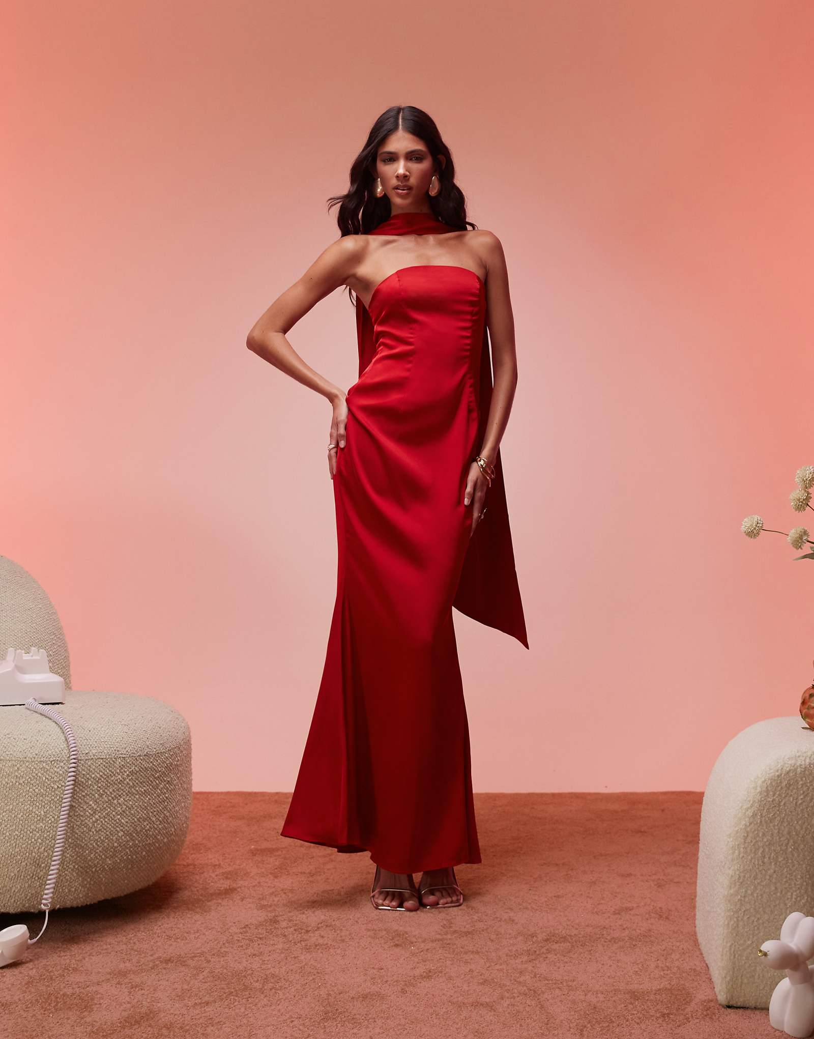 Oh Polly Mandi scarf detail strapless maxi dress in scarlet red 14190₽