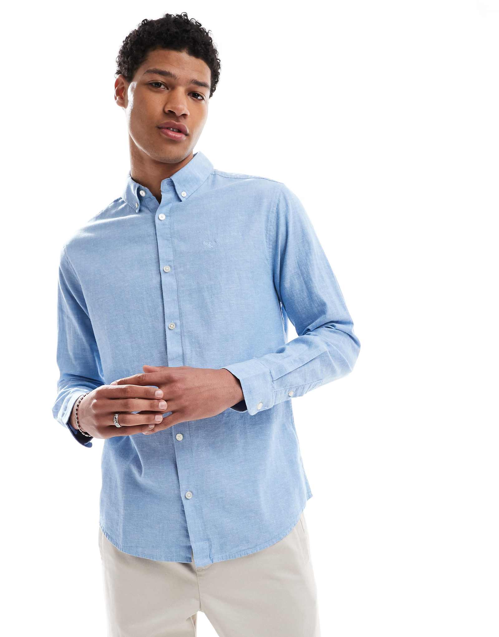 Threadbare long sleeve linen blend shirt in blue 5390₽
