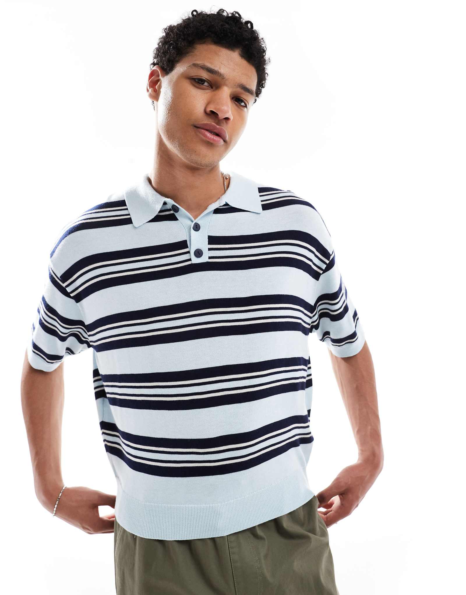 Bershka retro knit striped polo shirt in blue 6690₽