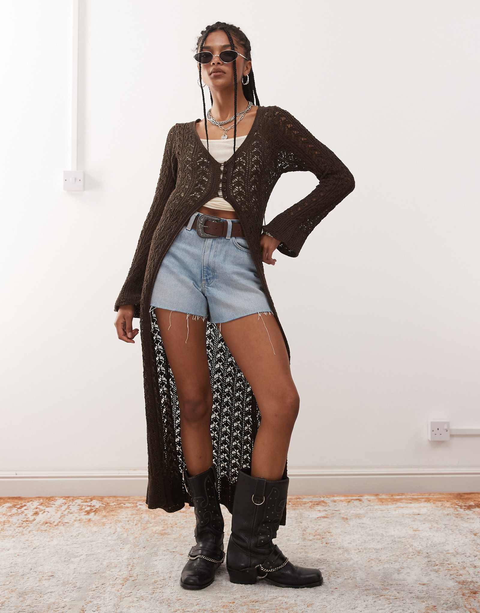 Reclaimed Vintage pointelle maxi cardigan in brown