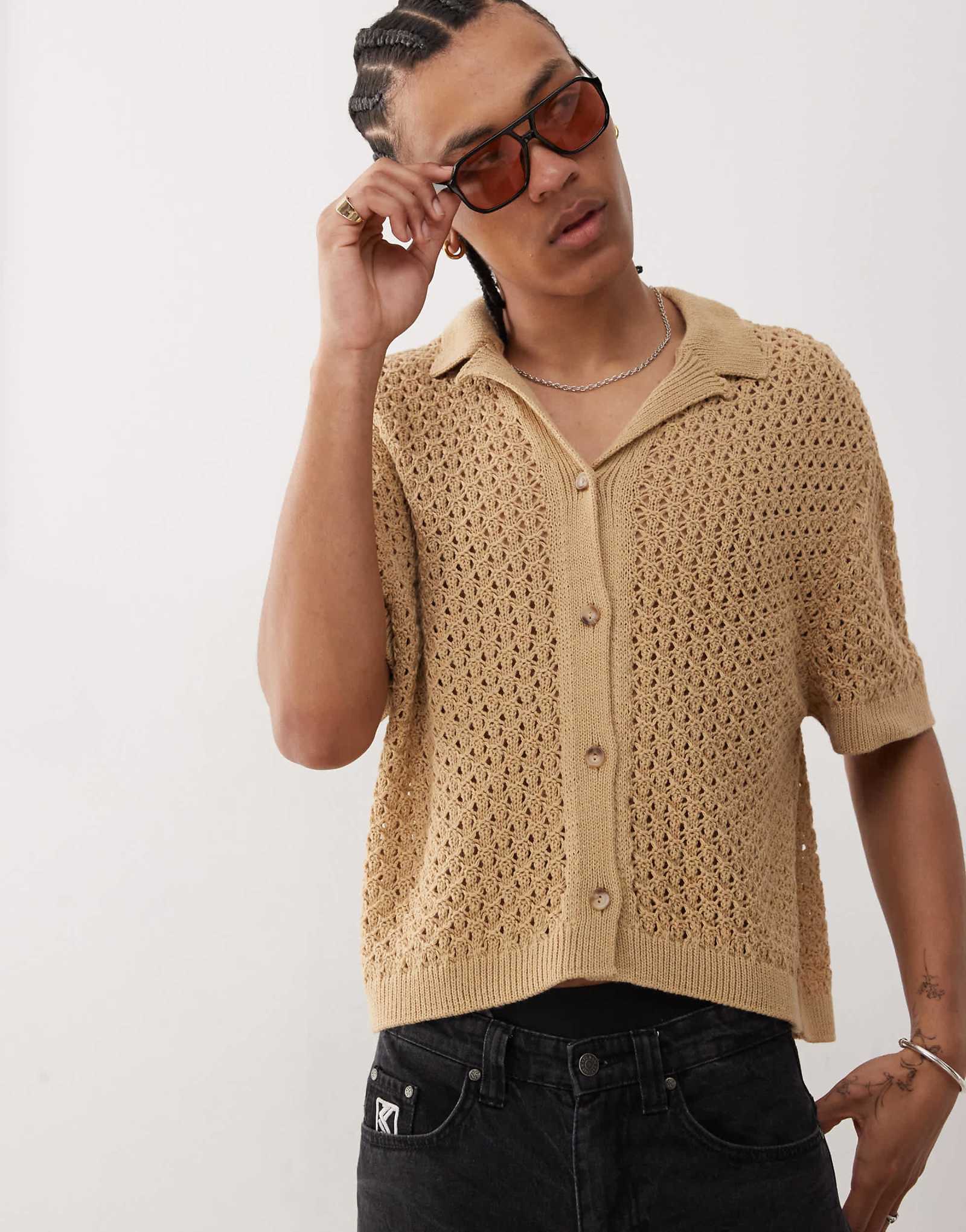 Reclaimed Vintage crochet knit resort shirt in tan