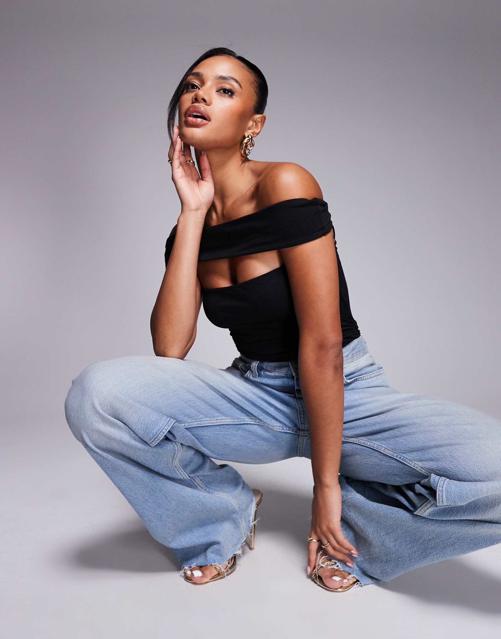 Oh Polly off the shoulder cut-out bodysuit in black