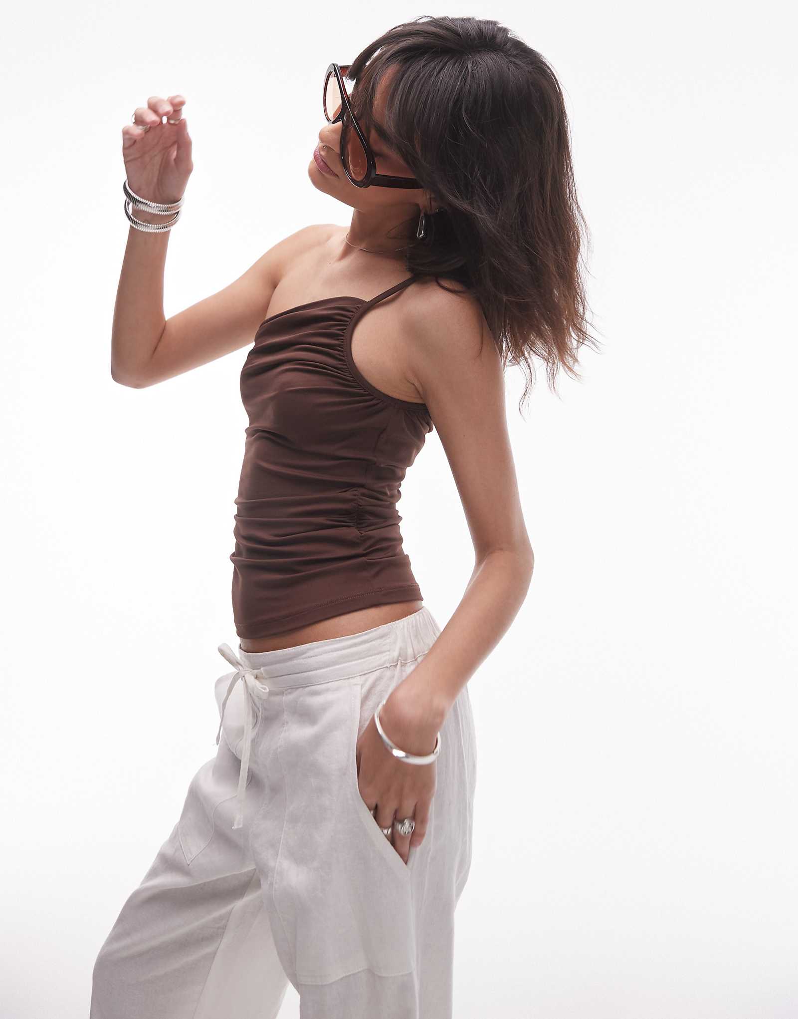 Topshop jersey asymmetrical strap top in brown 3690₽