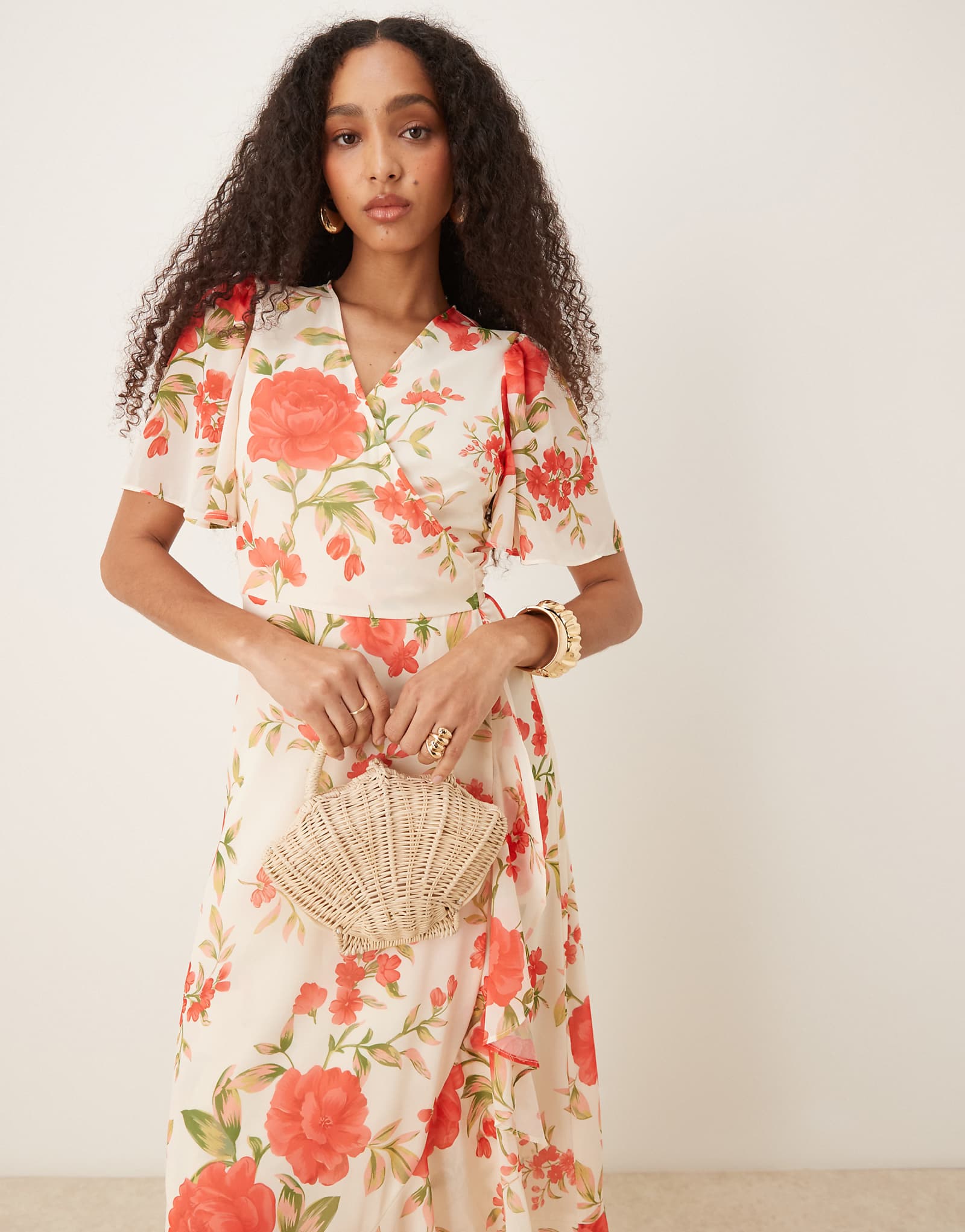 YAS wrap front fluted sleeve chiffon maxi dress in cream rose print