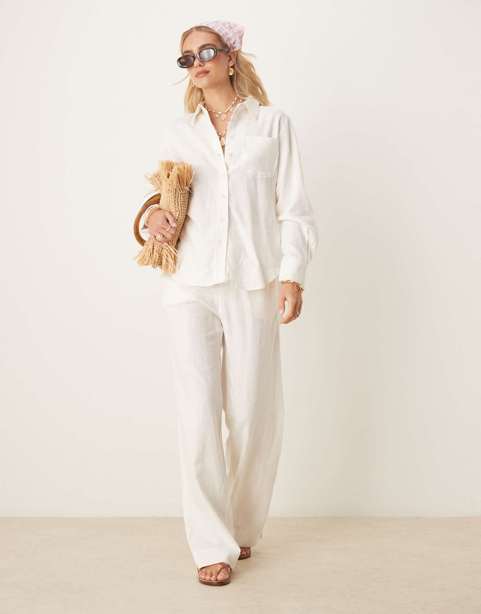 YAS linen mix elastic blend wide leg pants in white - part of a set 19590₽