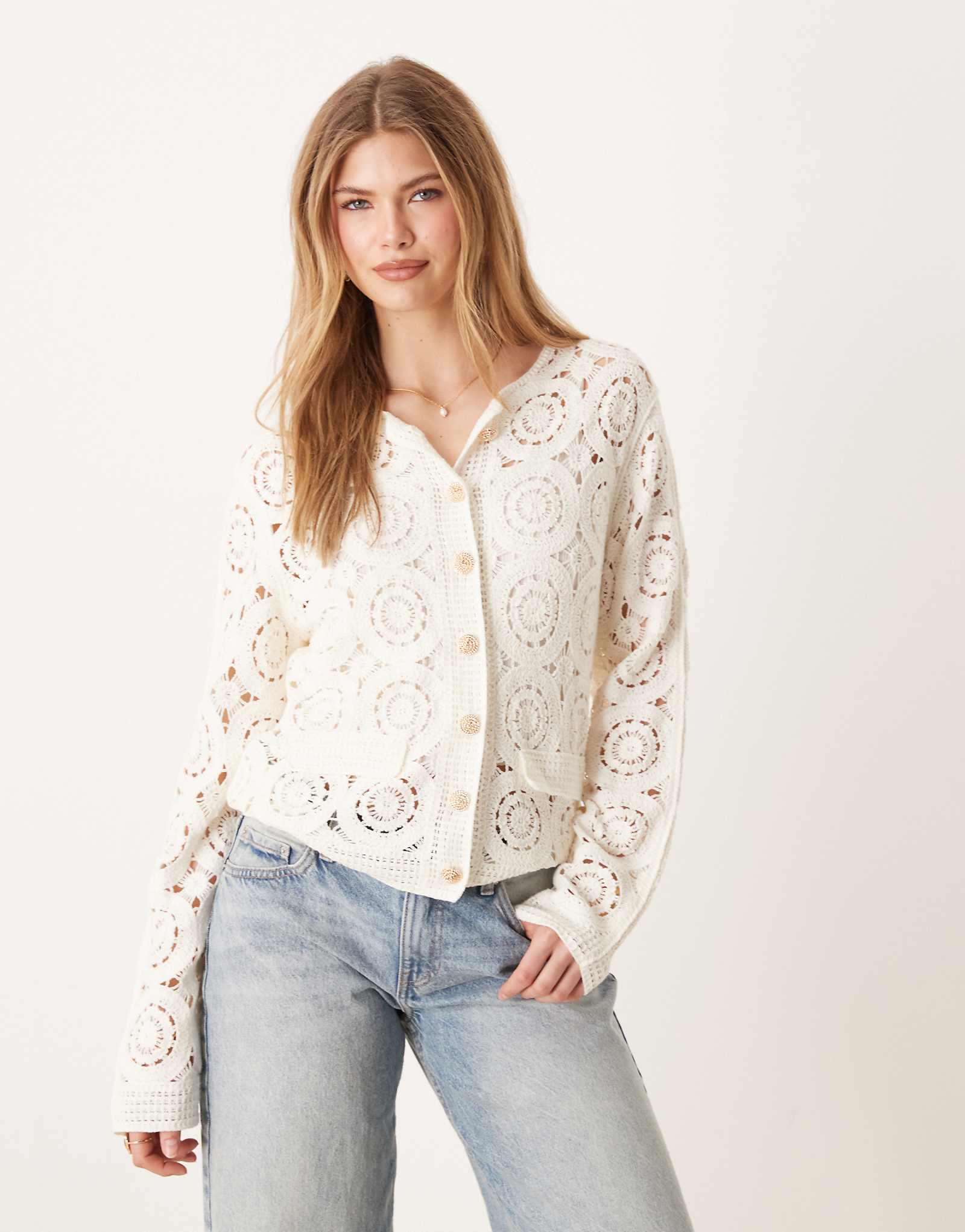 YAS circle crochet knit cardigan with gold button detail in cream