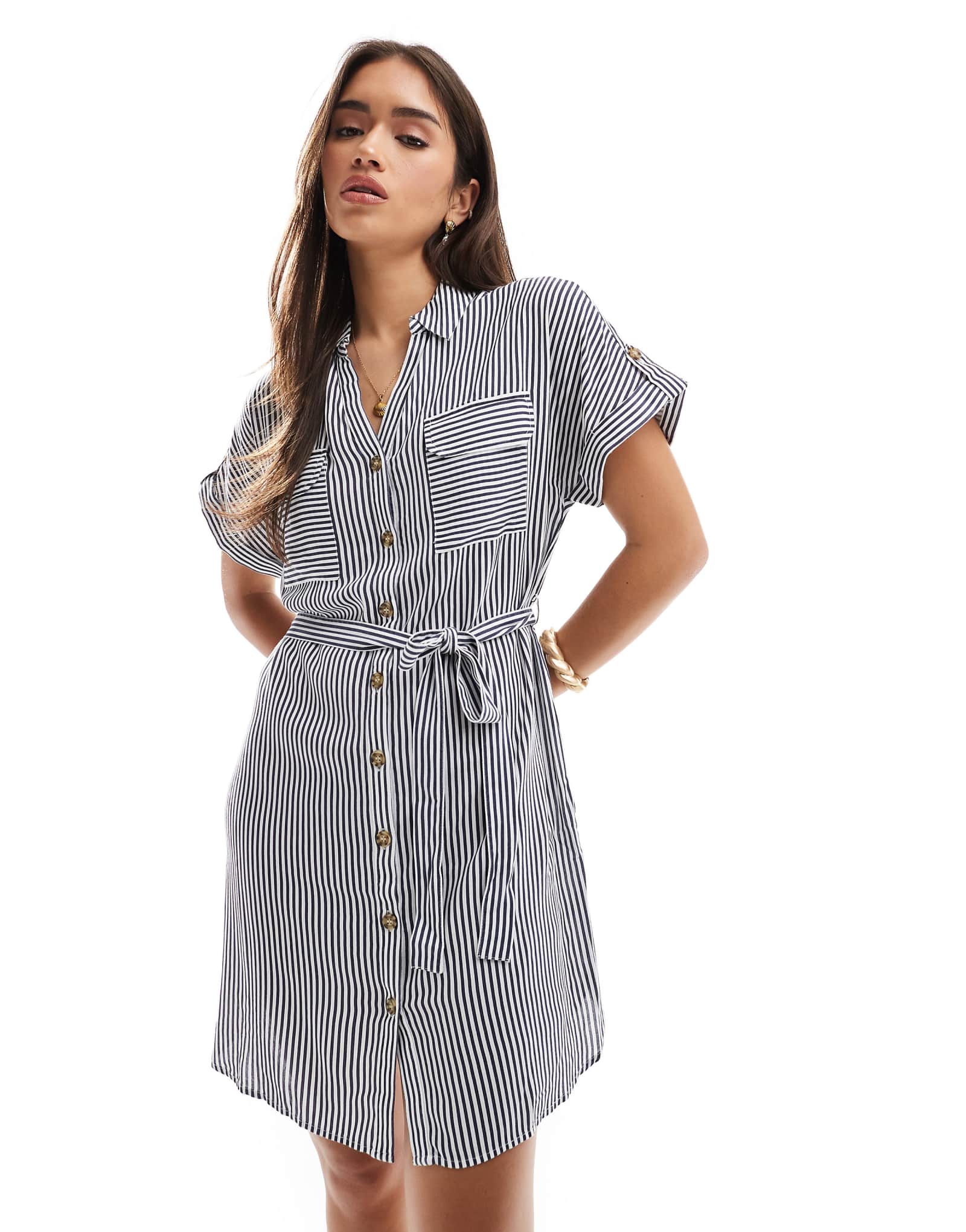 Vero Moda mini shirt dress with pockets in navy stripe 10990₽