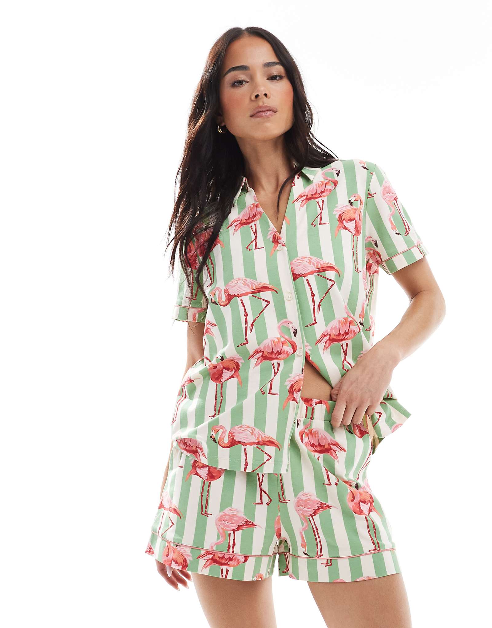 Chelsea Peers cotton short sleeve revere top and short set in striped flamingo print