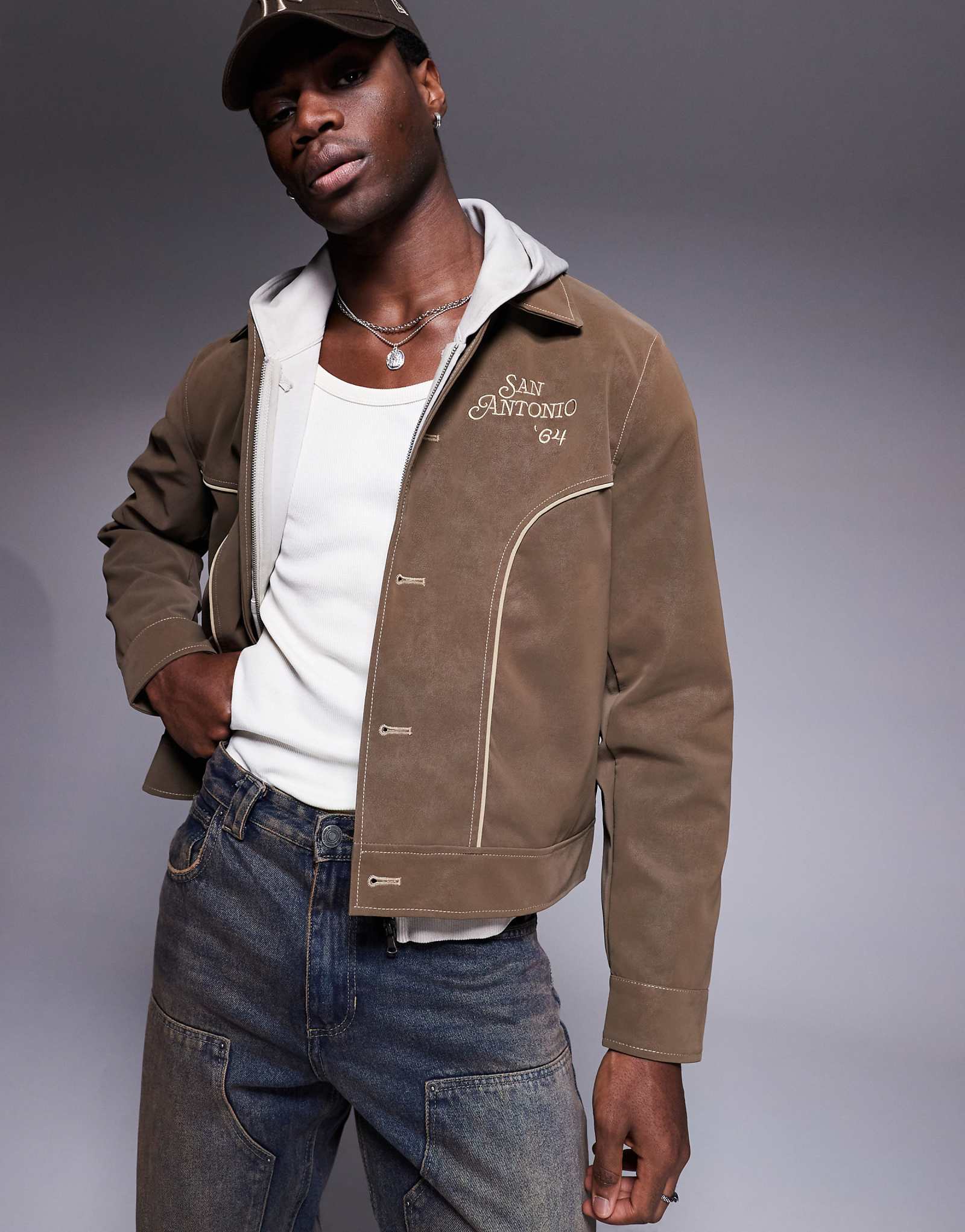 ASOS DESIGN regular harrington faux suede embroidered jacket in brown 12890₽