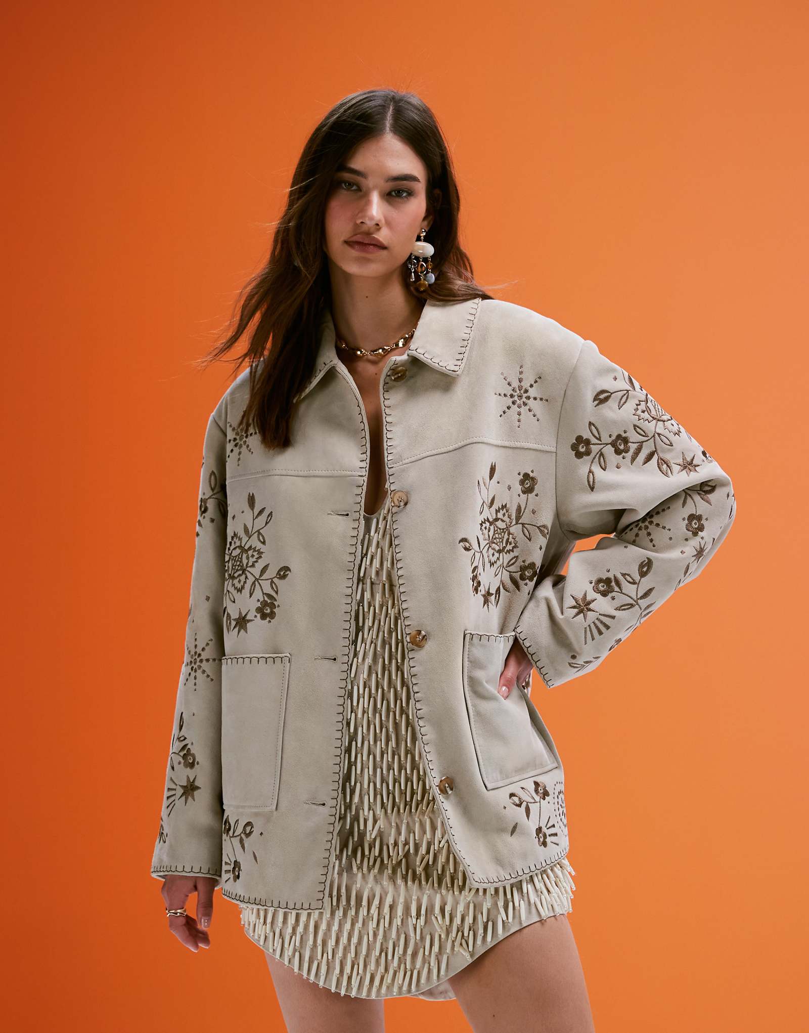 ASOS DESIGN real suede embroidered jacket in stone 52590₽