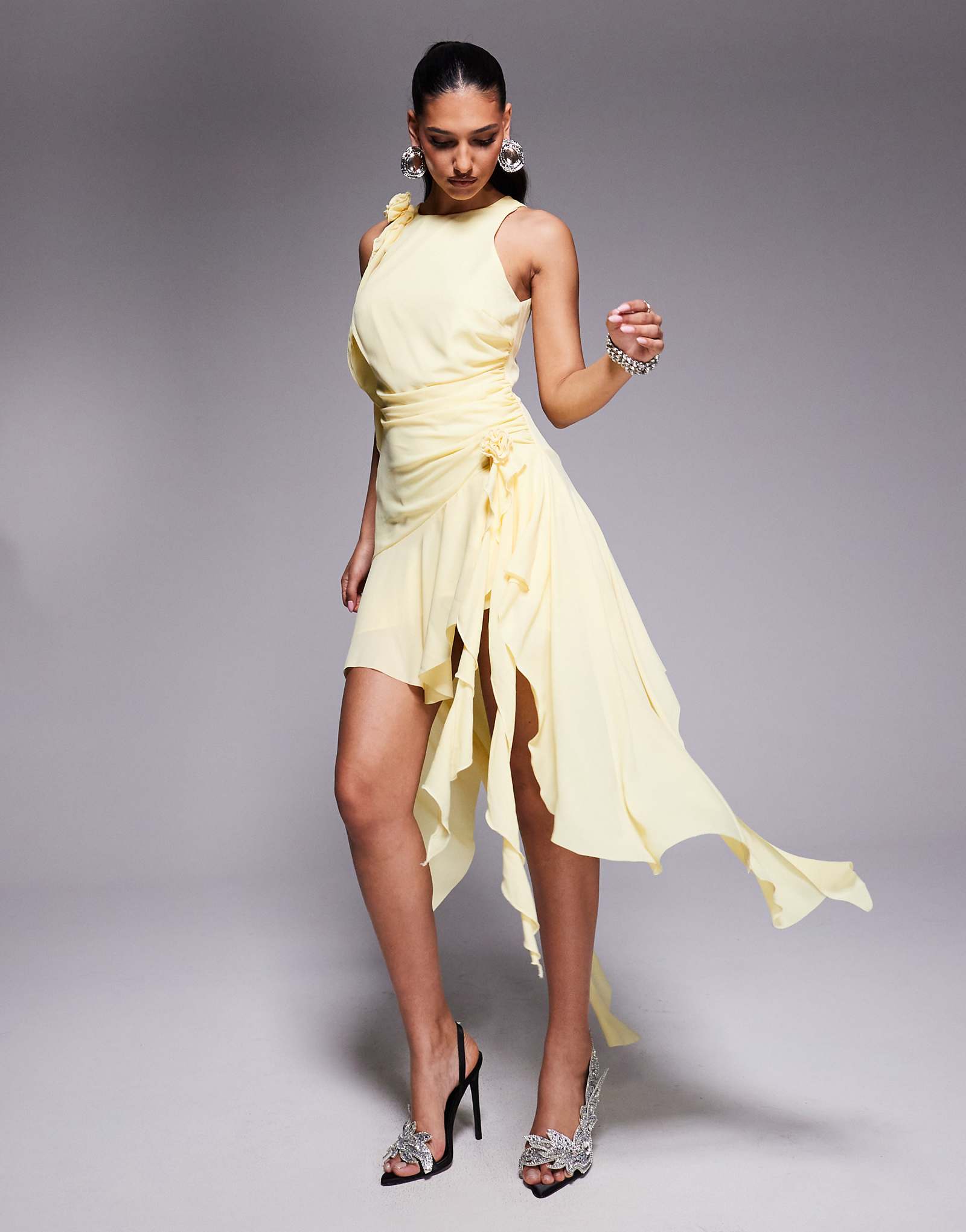 Bardot corsage ruffle mini dress in lemon