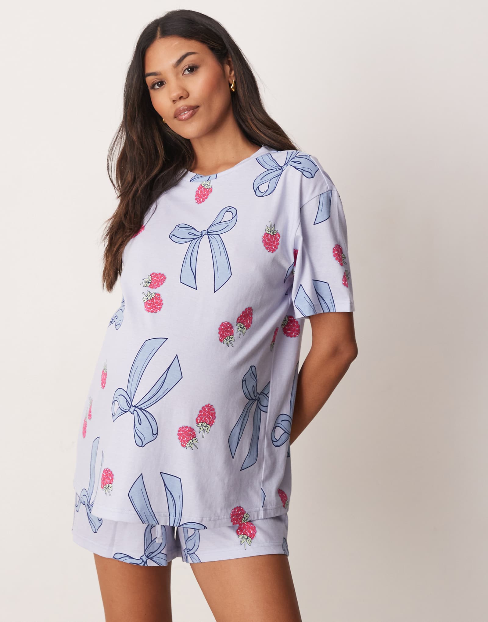 ASOS DESIGN Maternity bow - berry oversized tee - short pajama set in blue