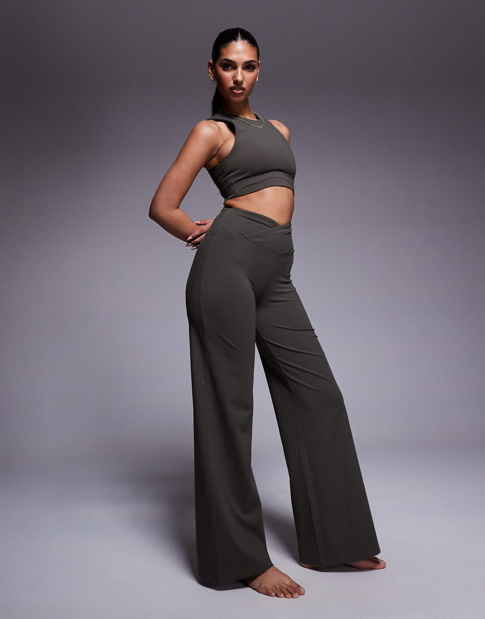 4505 soft touch wrap waist wide leg dance pants in dark olive 8790₽