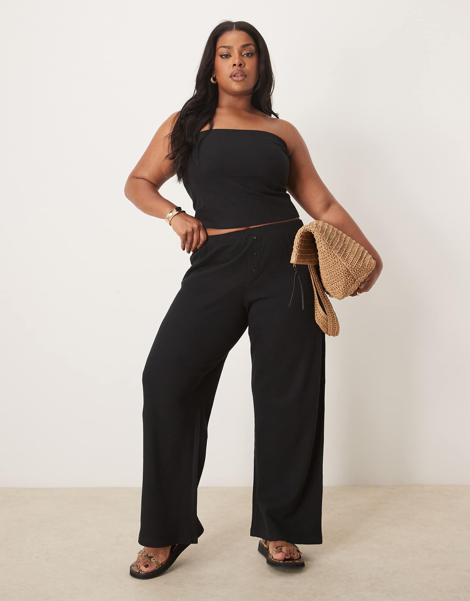 ASOS DESIGN curve wide leg waffle pants in black 3090₽